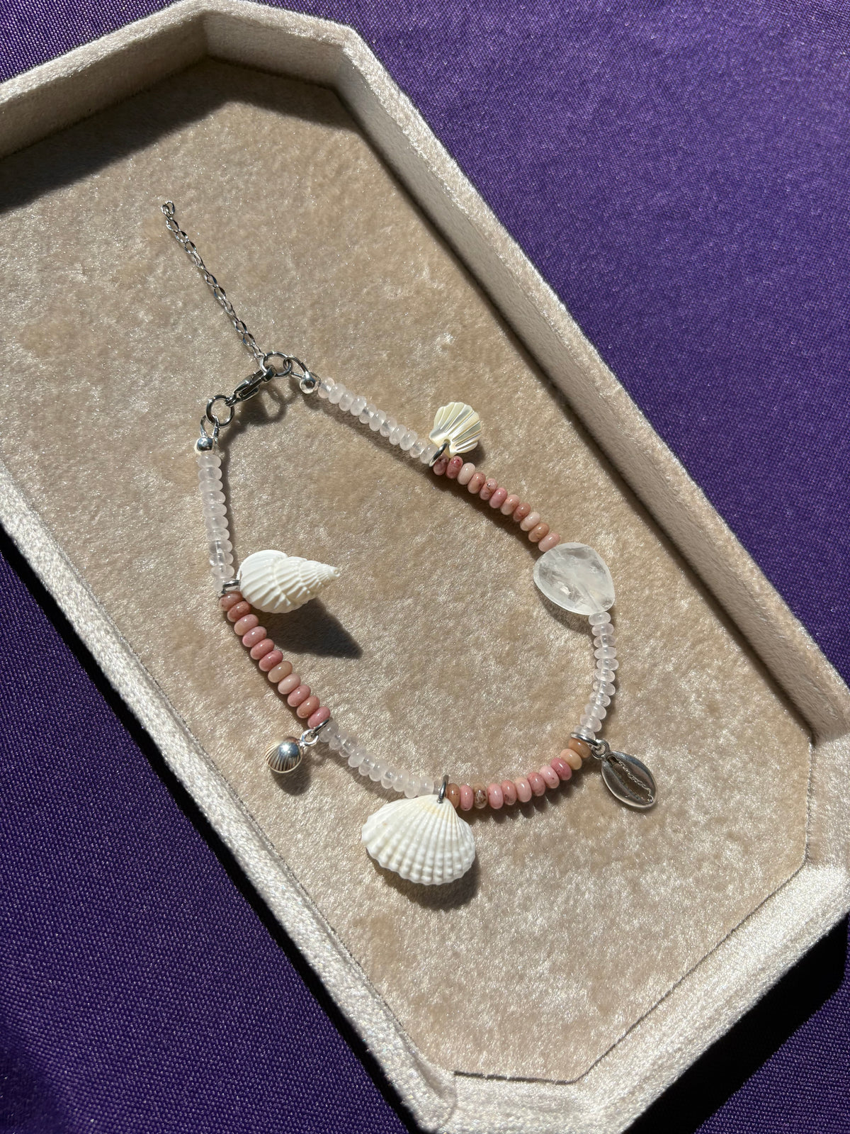 Rhodonite, Rose Quartz, Clear Quartz,  Mother of Pearl, Arca Shell, and Nassa Shell bracelet