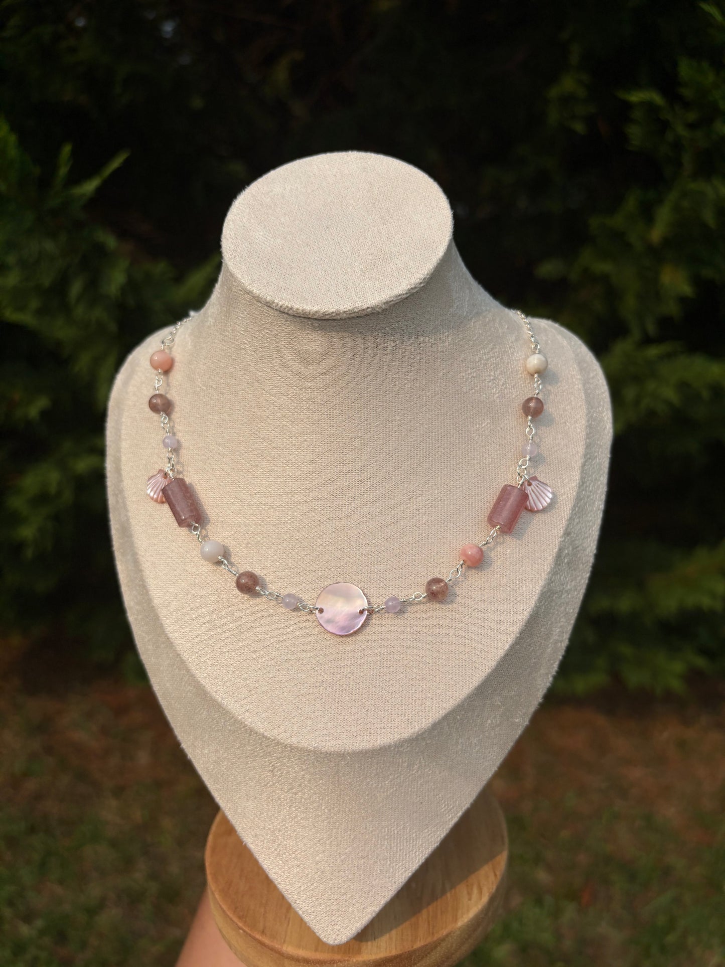 Peruvian Pink Opal, Strawberry Quartz, Lavender Amethyst, Pink Lip Shell necklace