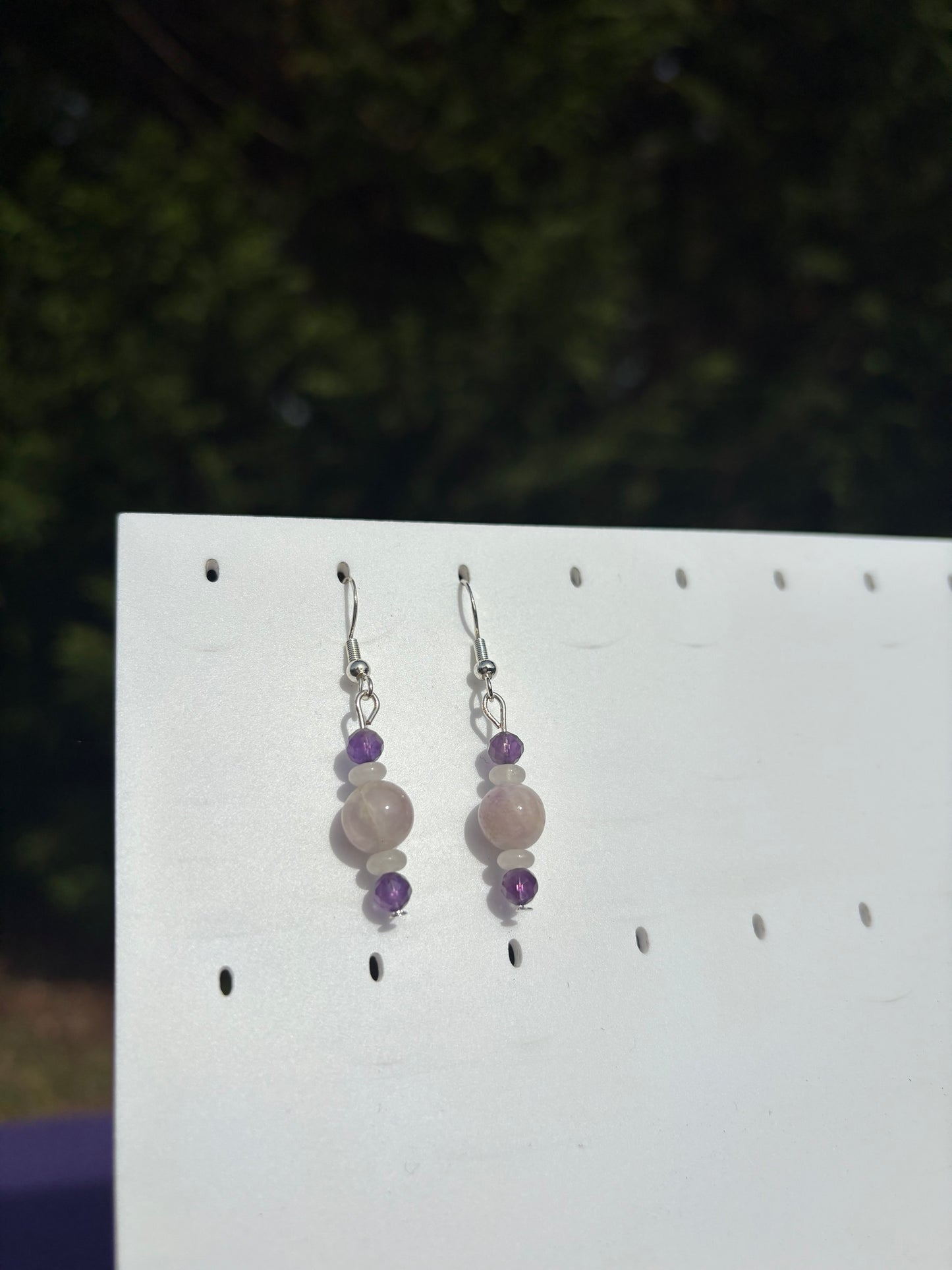 Kunzite, Amethyst, and White Jade Earrings