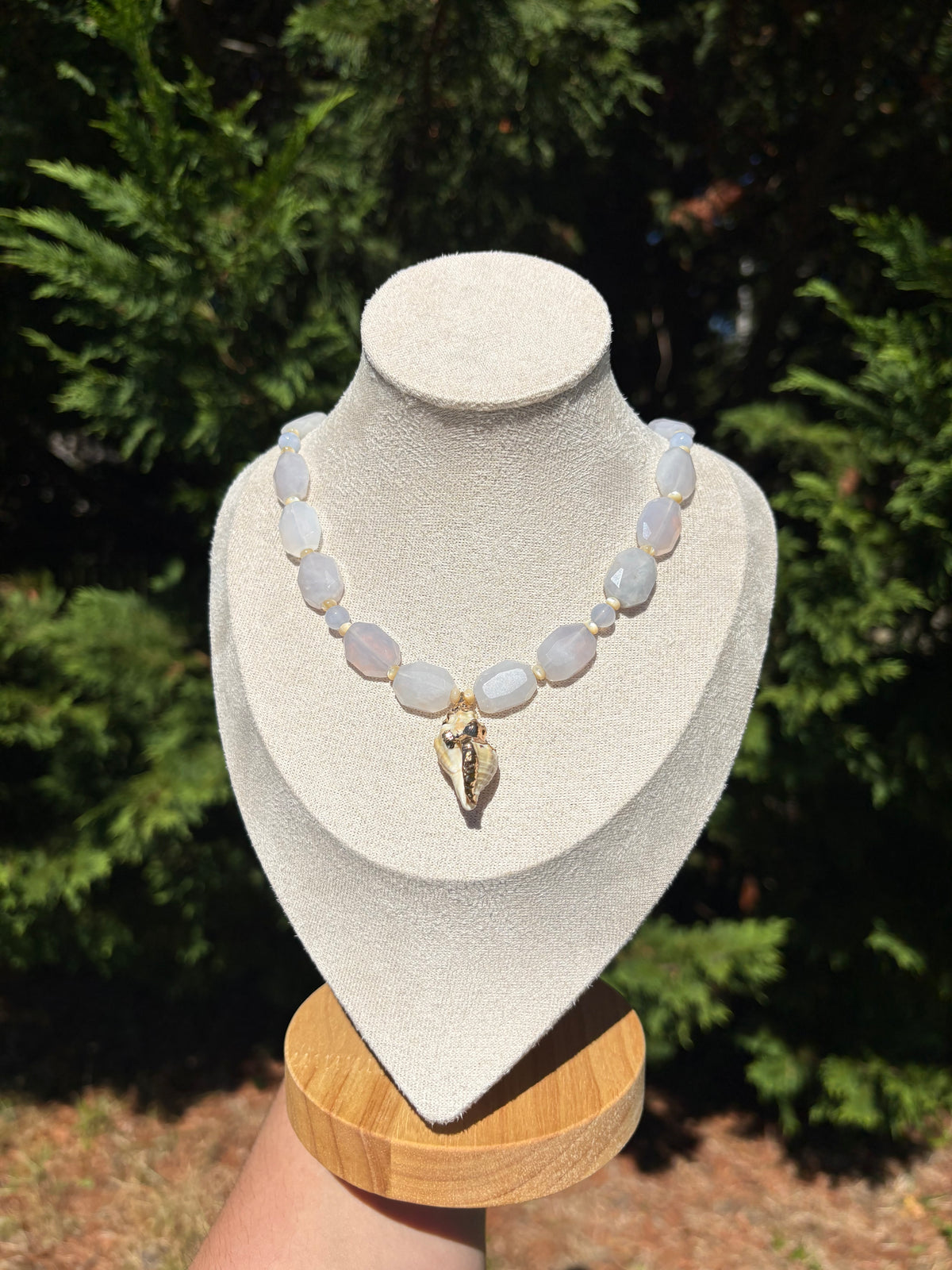 Blue Rose Quartz, Blue Lace Agate, Mother of Pearl, Light Brown Conch Shell necklace