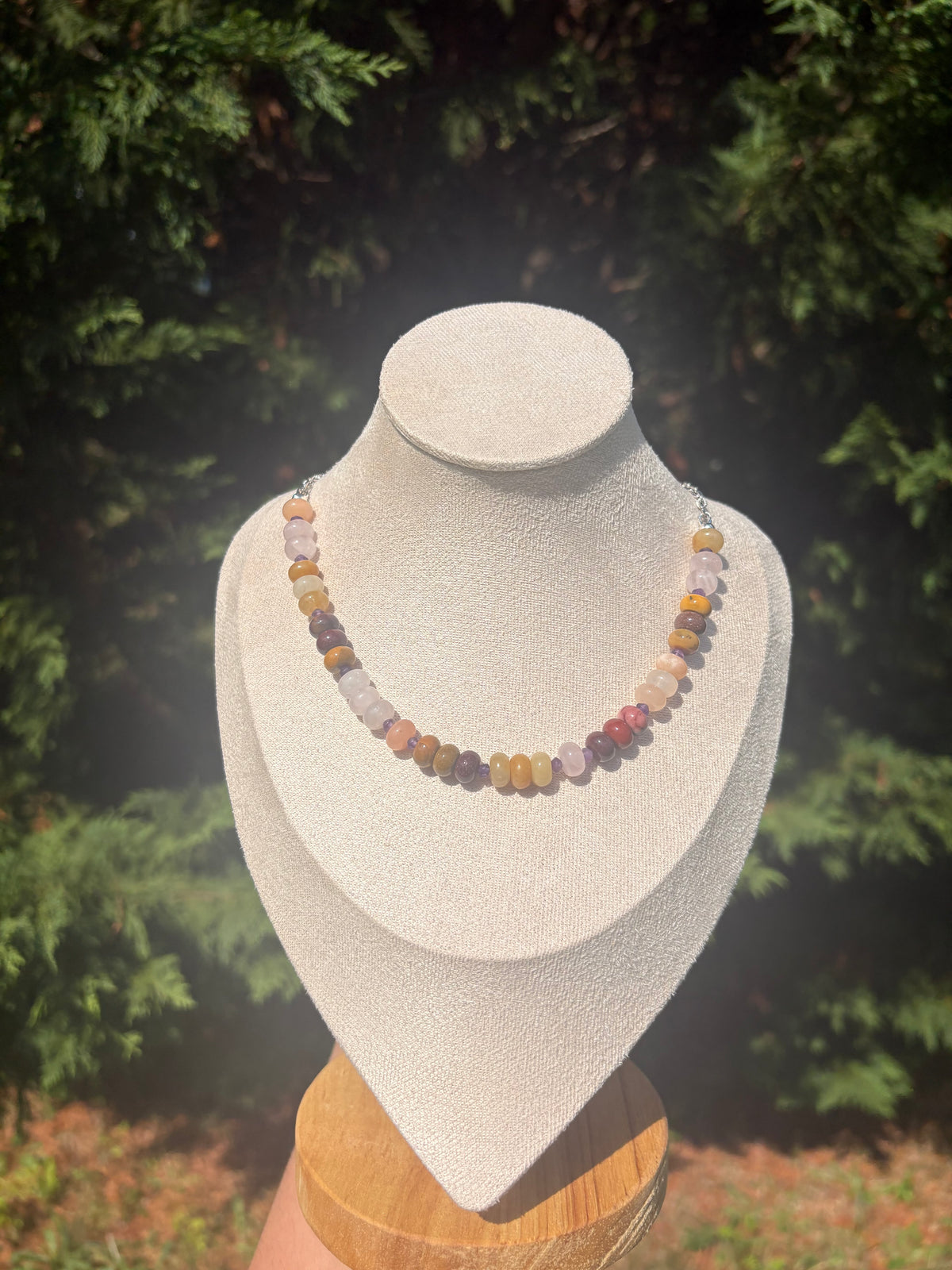 Peach Aventurine, Rose Quartz, Yellow Jade, Mookaite, and Amethyst necklace