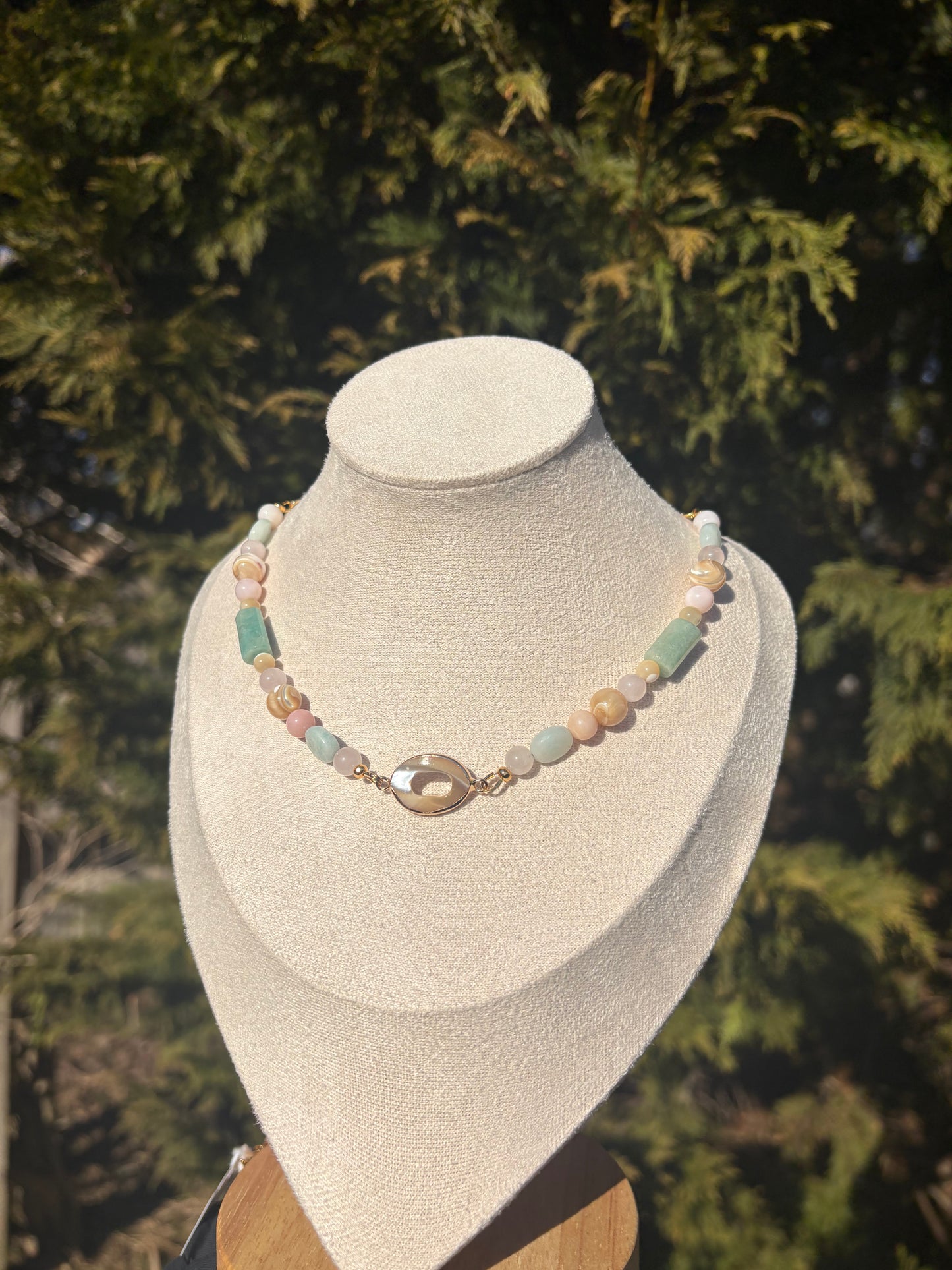 Mother of Pearl, Rose Quartz, Pink Opal, and Amazonite necklace