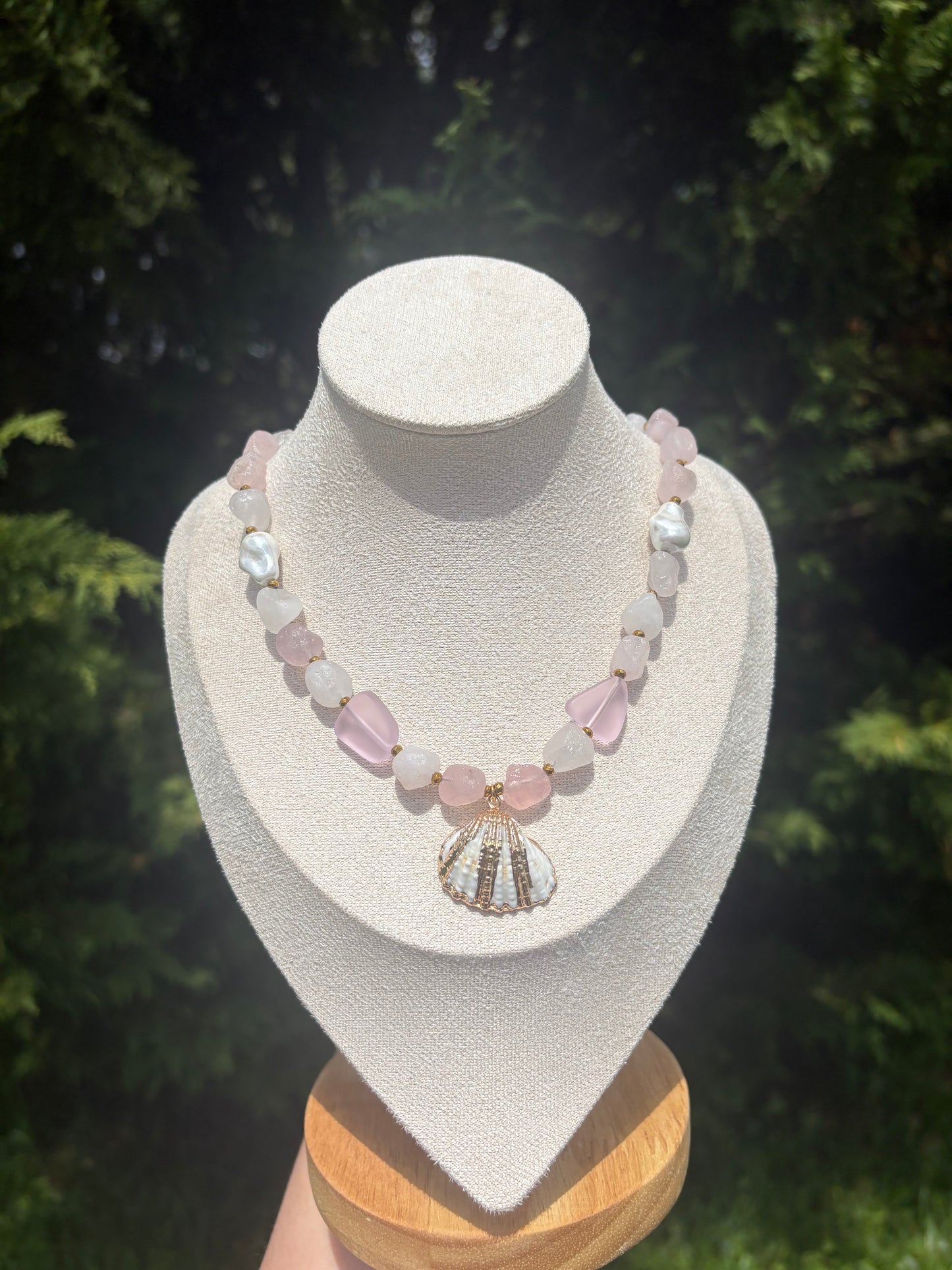 Gold Hematite, Rose Quartz, Blossom Sea Glass, Baroque Pearls, Arca Shell