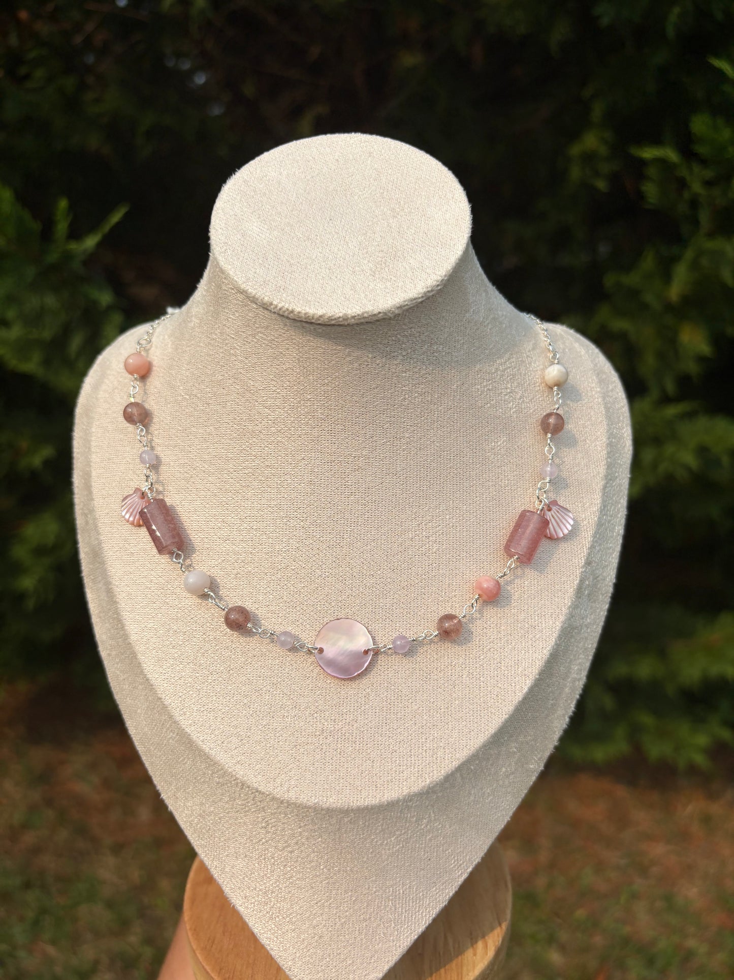 Peruvian Pink Opal, Strawberry Quartz, Lavender Amethyst, Pink Lip Shell necklace