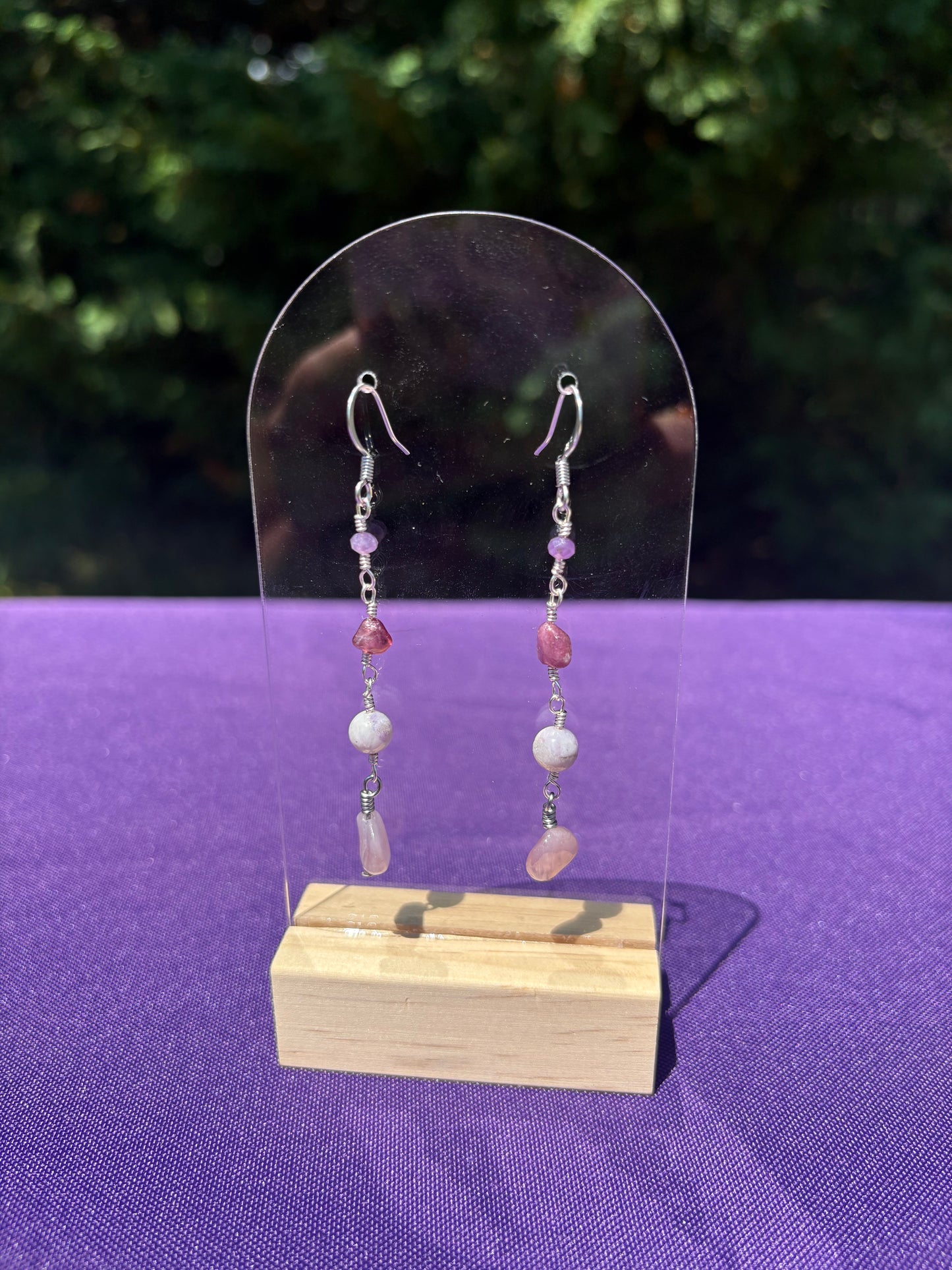 Pink Tourmaline, Purple Tiffany Stone, Lepidolite, and Rose Quartz earrings