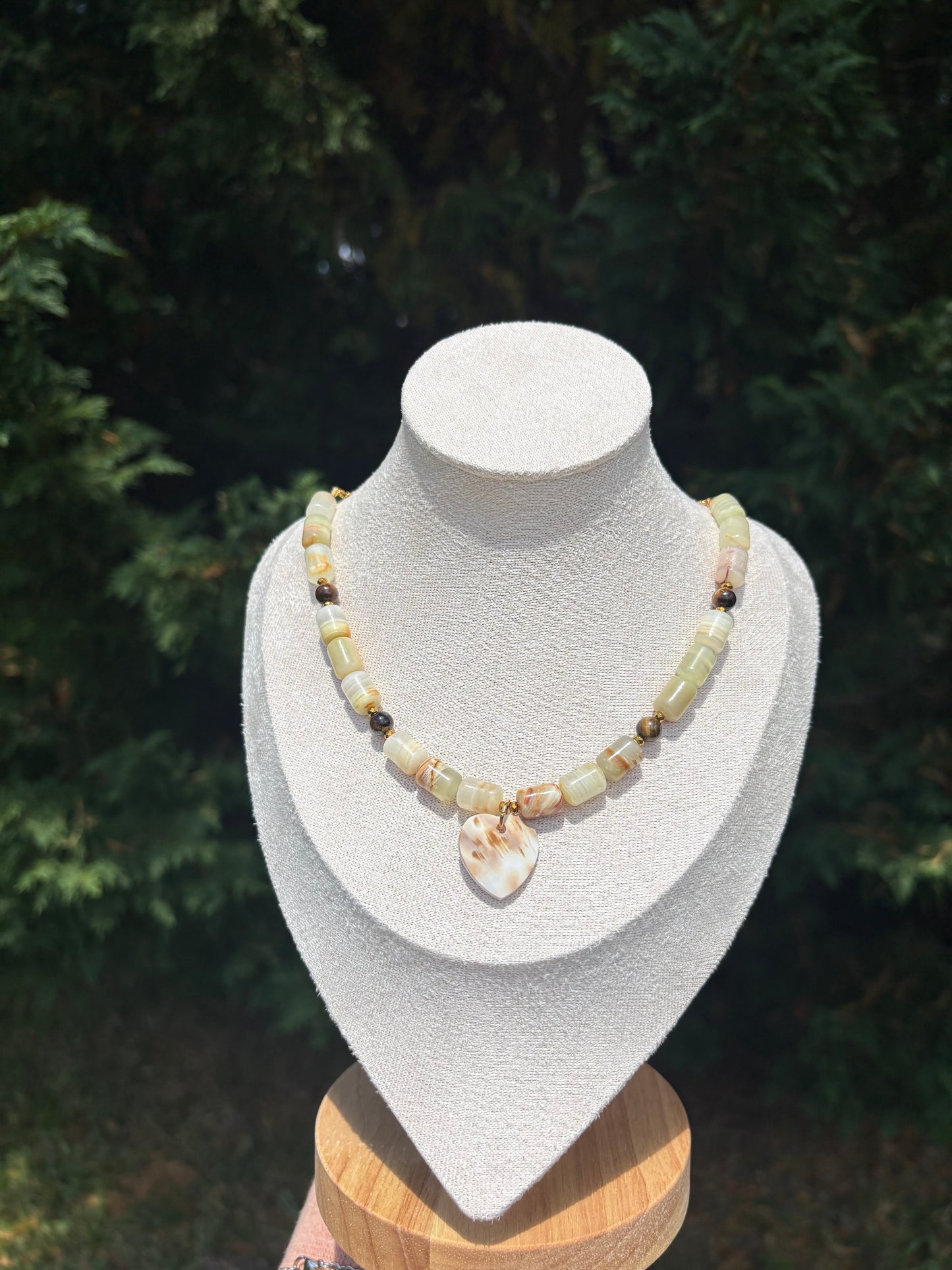 Green Onyx, Tiger Eye, Gold Hematite and Cowrie Heart necklace