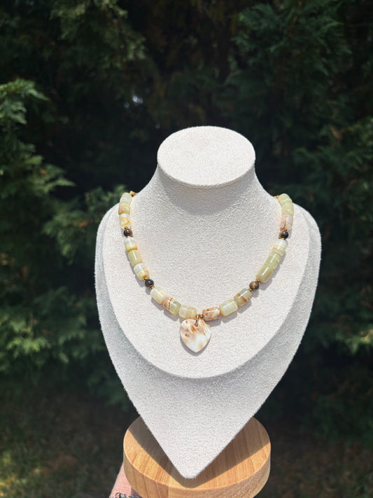 Green Onyx, Tiger Eye, Gold Hematite and Cowrie Heart necklace