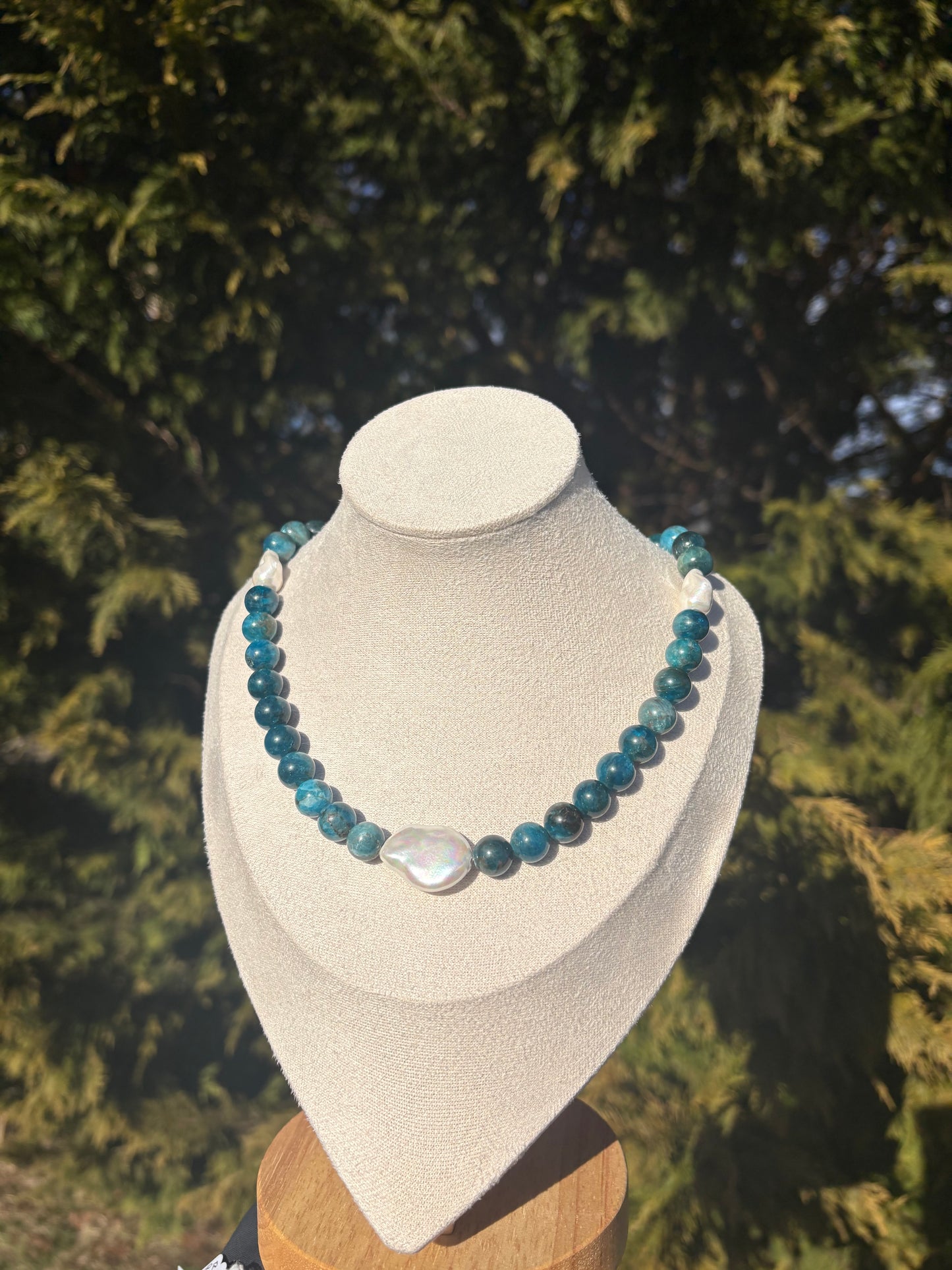 Blue Apatite and Baroque Shell Pearl Necklace