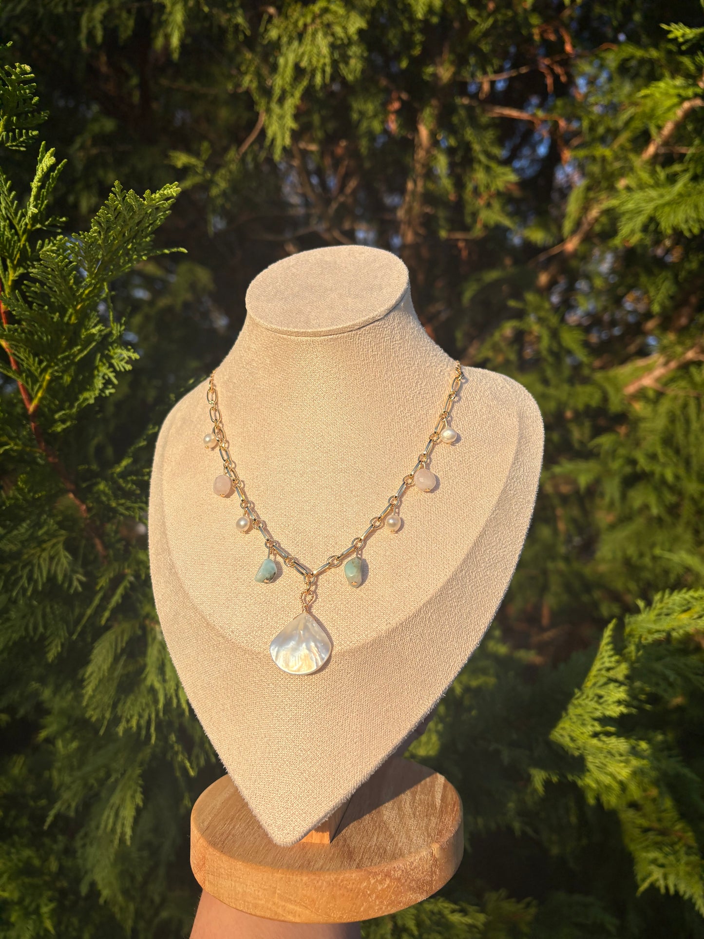 Freshwater Pearl, Mother of Pearl, Larimar, Rainbow Beryl Charm necklace