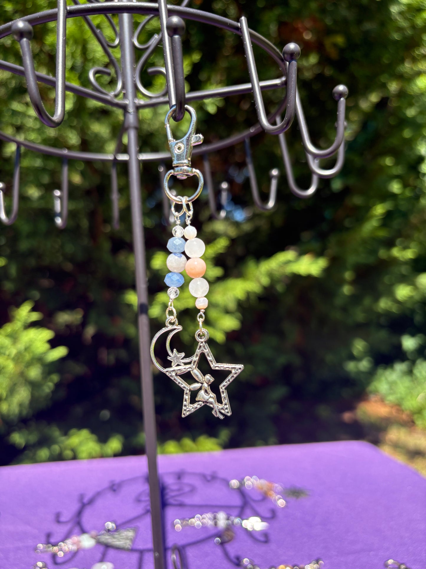 Pink Opal, White Jade, Topaz, Dumortierite in Quartz, Blue Aventurine Star & Moon Charm