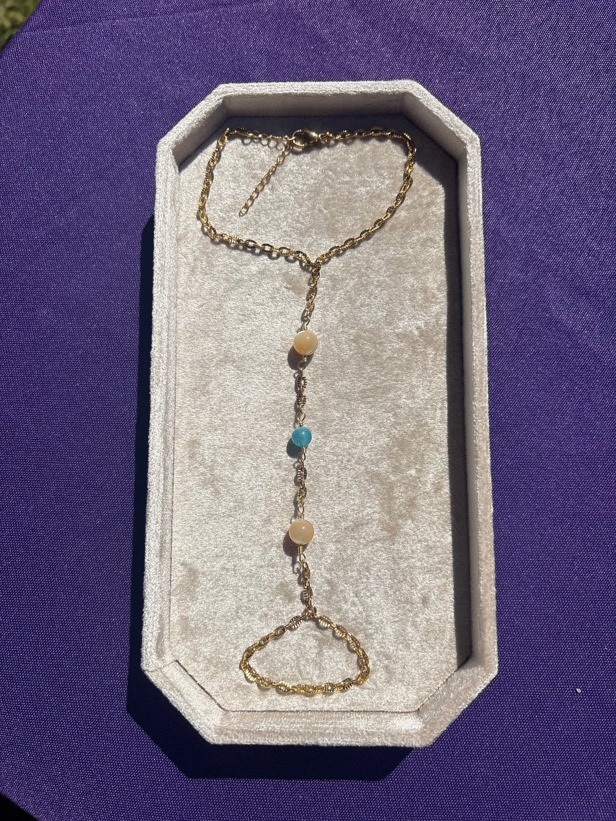 Mother of Pearl and Blue Apatite Hand Chain