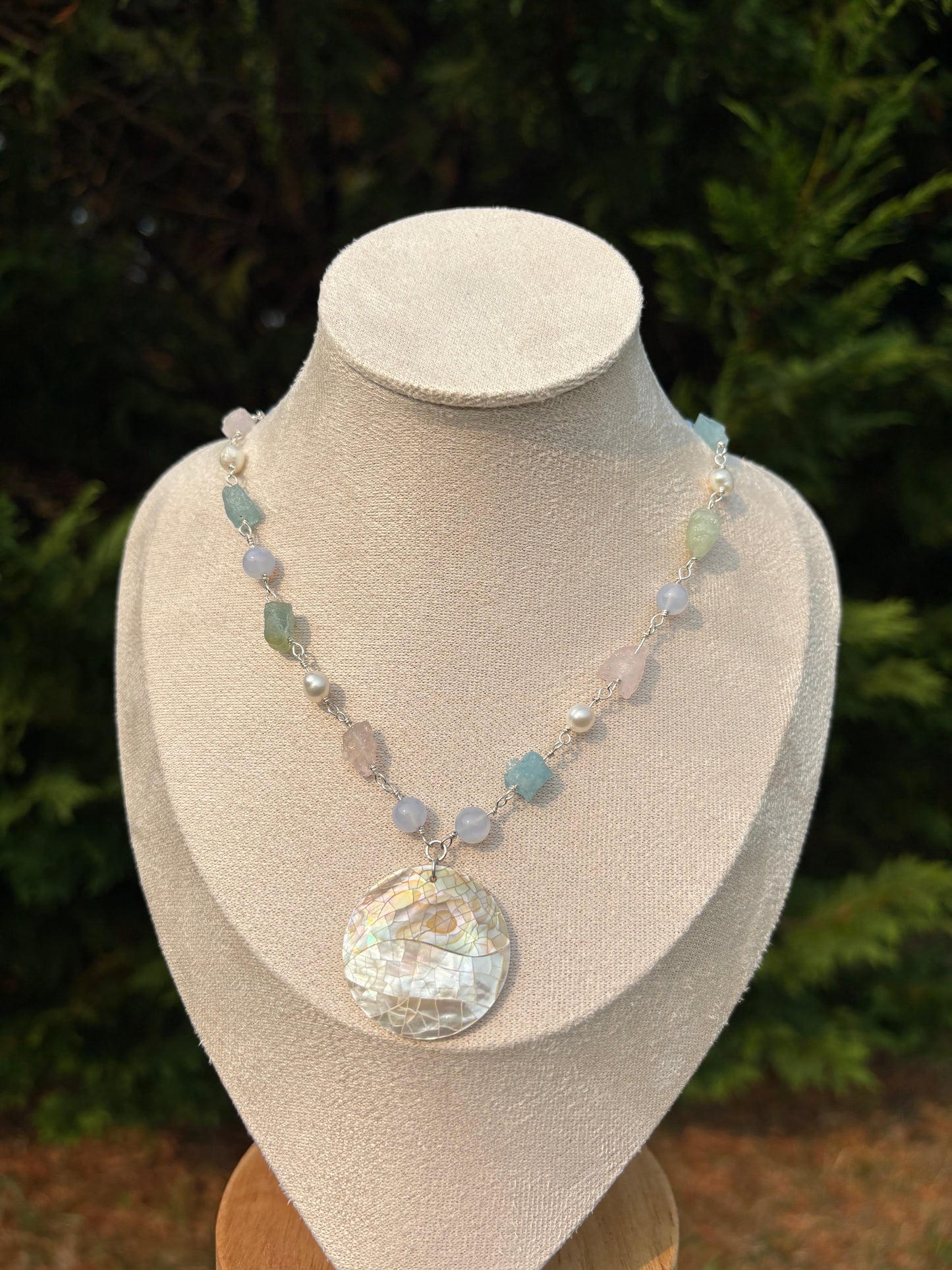 Rainbow Beryl, Freshwater Pearl, Blue Lace Agate, Mother of Pearl Mosaic necklace