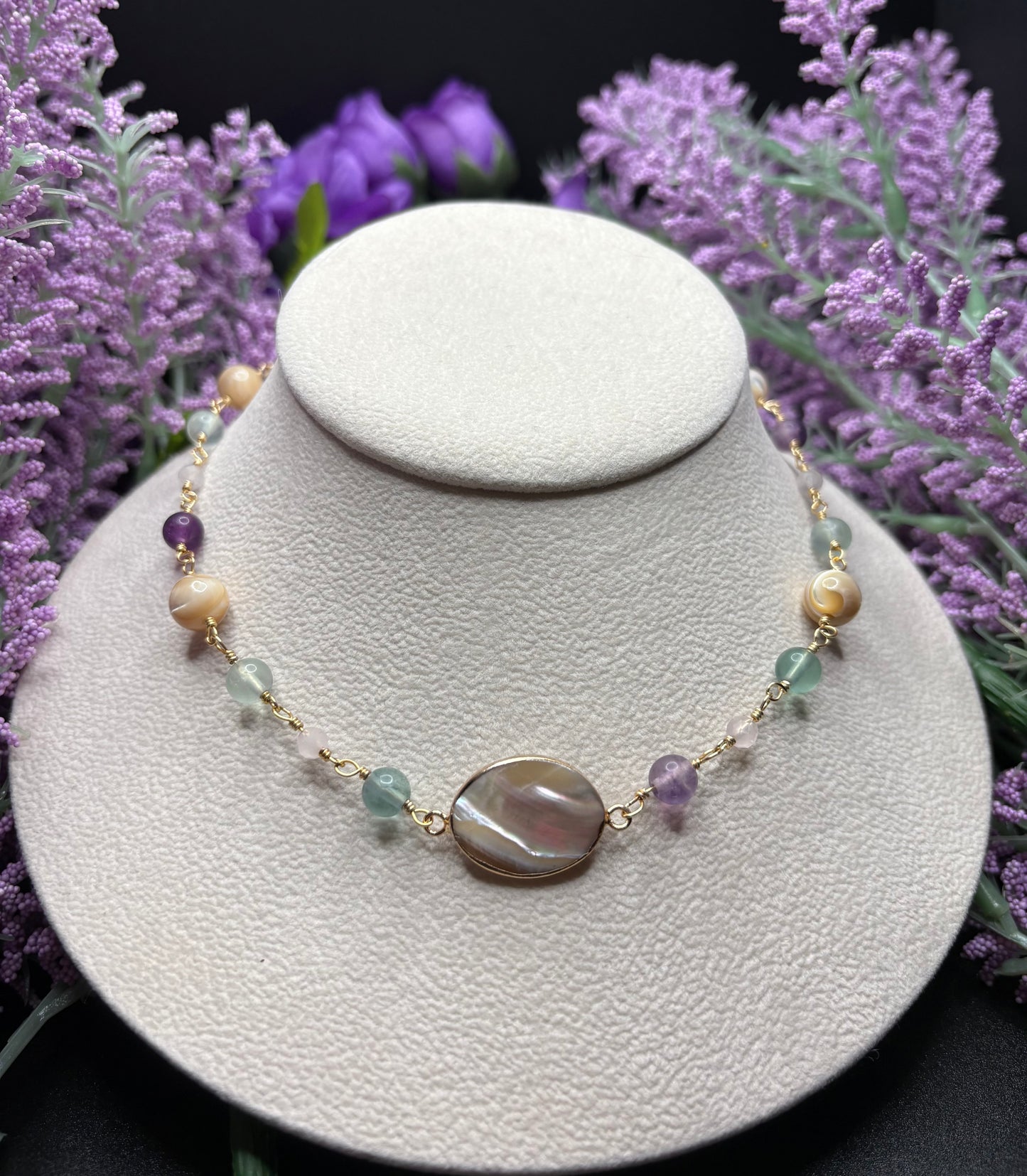 Fluorite, Rose Quartz, and Mother of Pearl necklaces