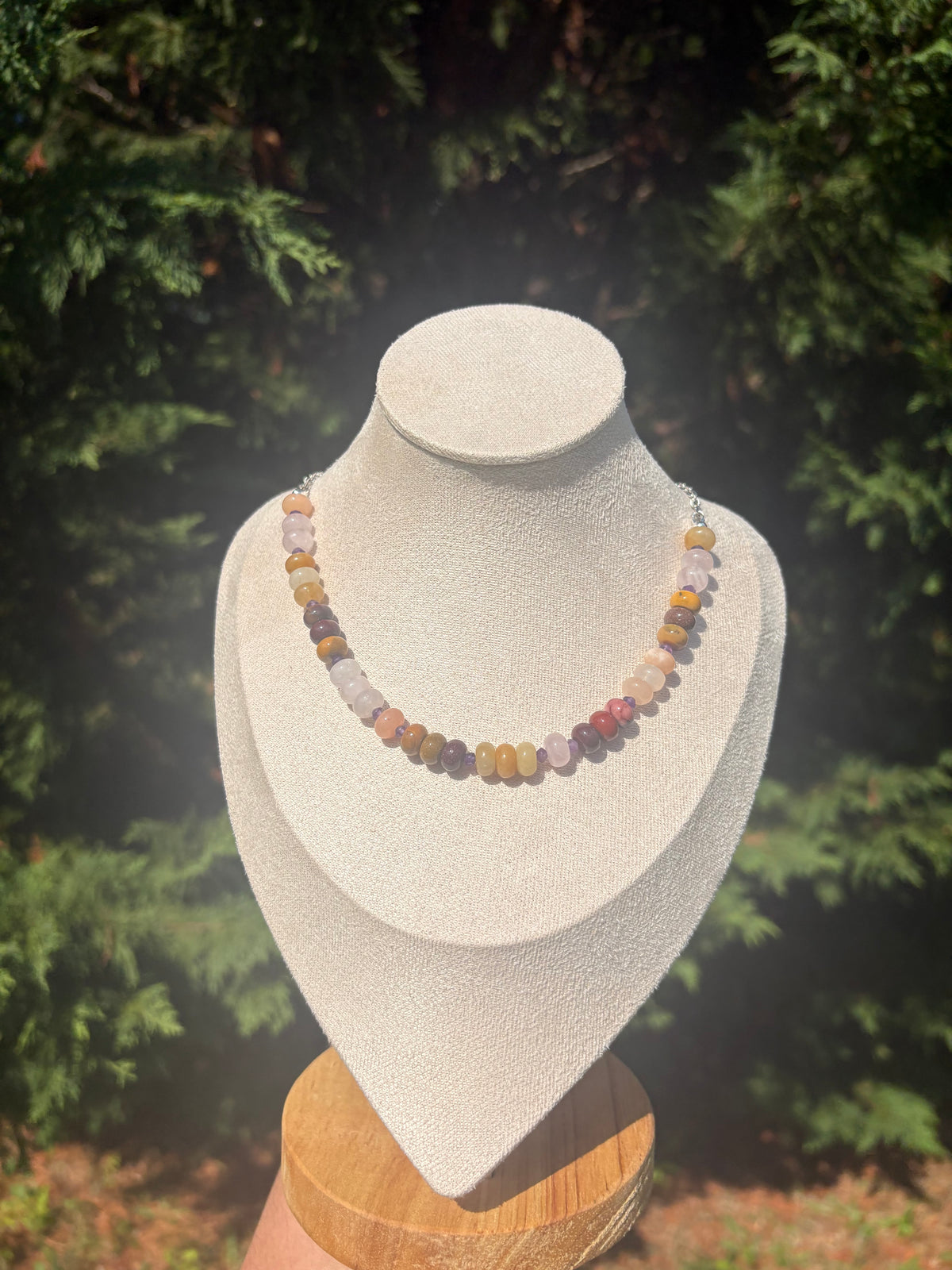 Peach Aventurine, Rose Quartz, Yellow Jade, Mookaite, and Amethyst necklace