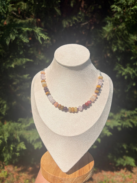 Peach Aventurine, Rose Quartz, Yellow Jade, Mookaite, and Amethyst necklace
