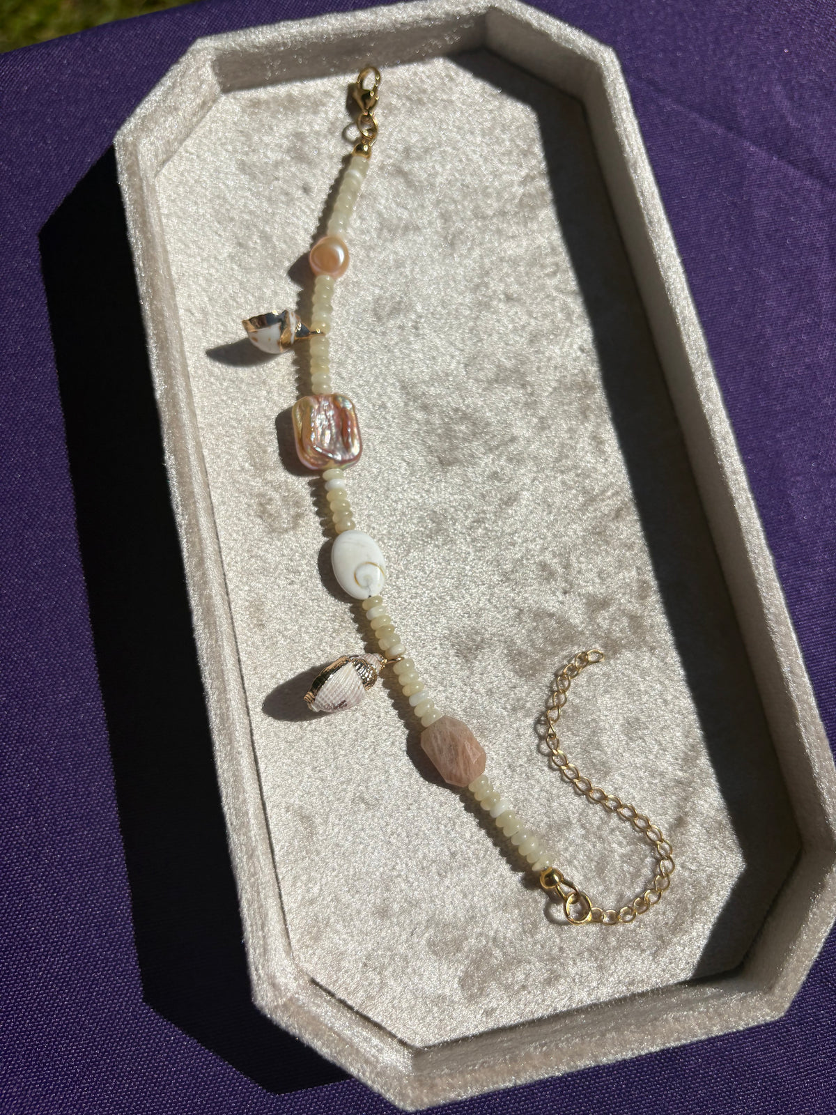 Yellow Calcite, Peach Moonstone, Shiva Shell, Pink Freshwater Pearls, Dotted Snail Shell, Spiky Conch shell bracelet