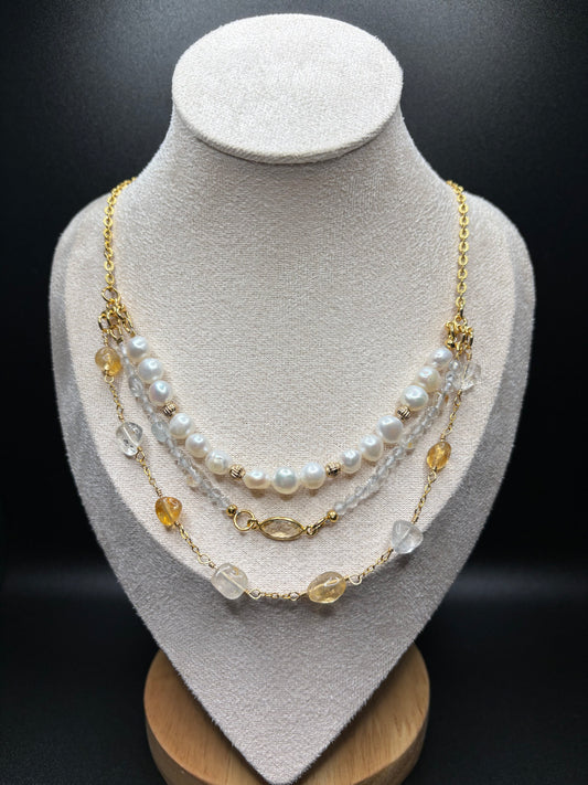 Topaz, Citrine, and Freshwater Pearl layered necklace