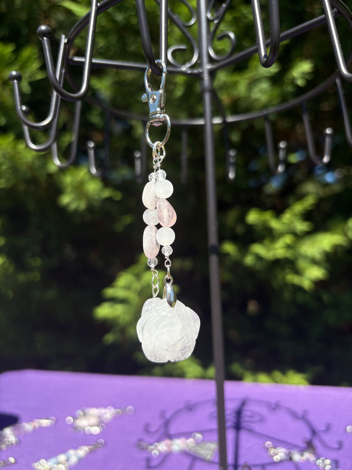 Rose Quartz & White Jade Flower Charm