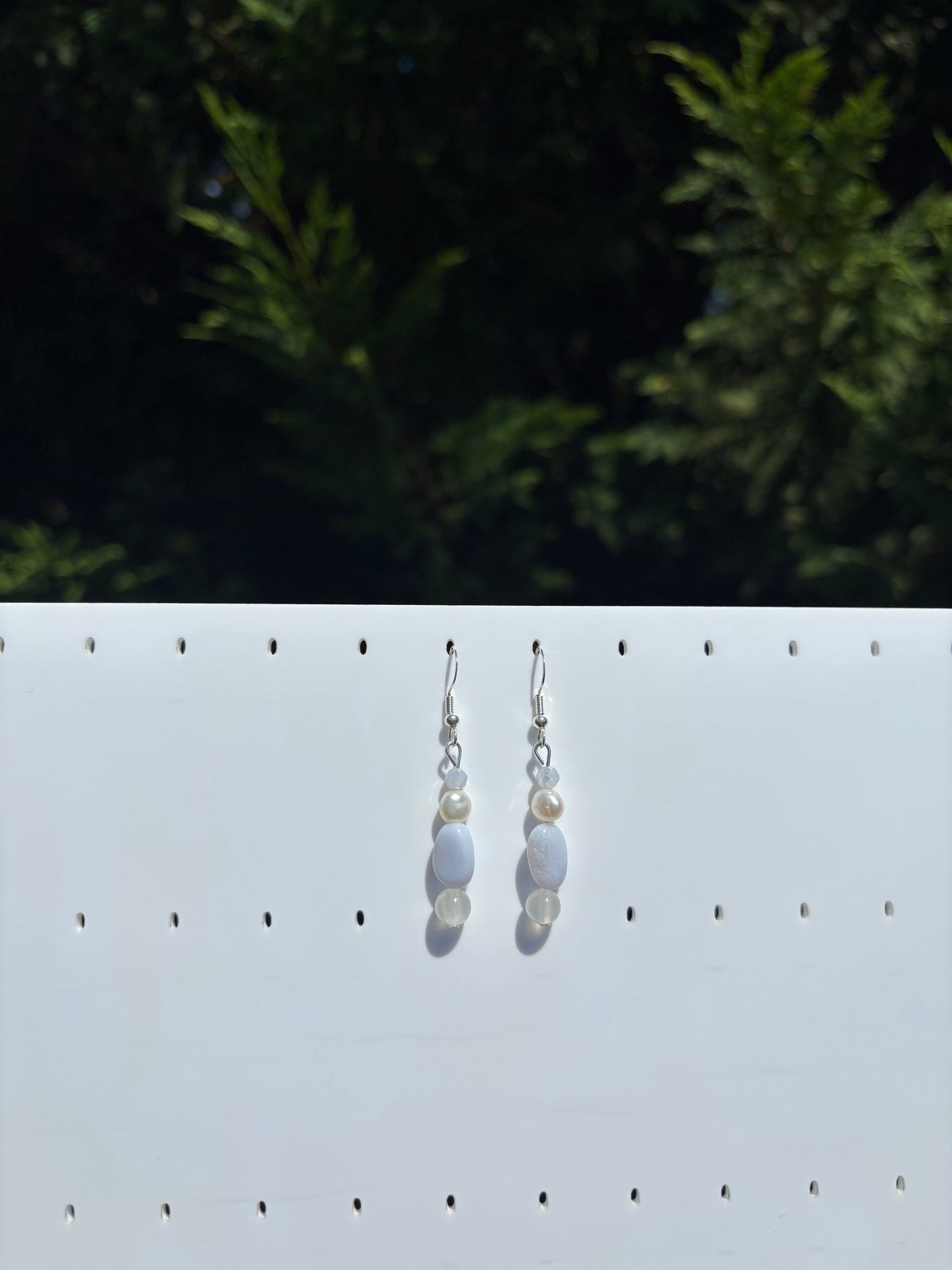 Blue Lace Agate, Selenite, Freshwater Pearl earrings