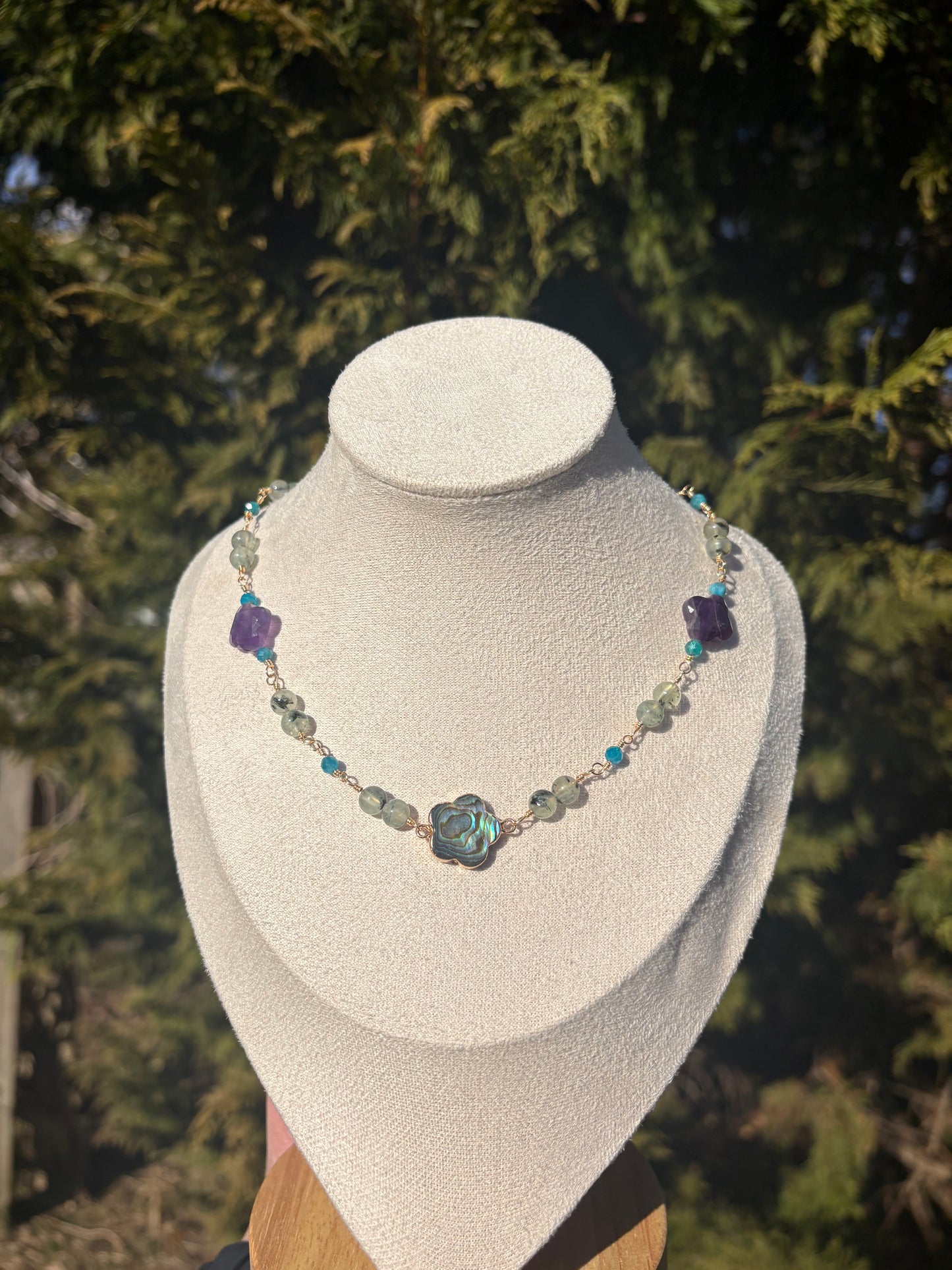 Prehnite, Amethyst, Blue Apatite, Abalone Shell Necklace