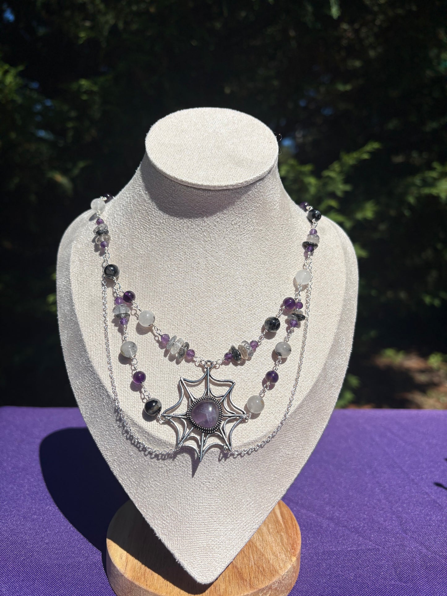 Tourmalated Quartz & Amethyst Web Spooky Necklace