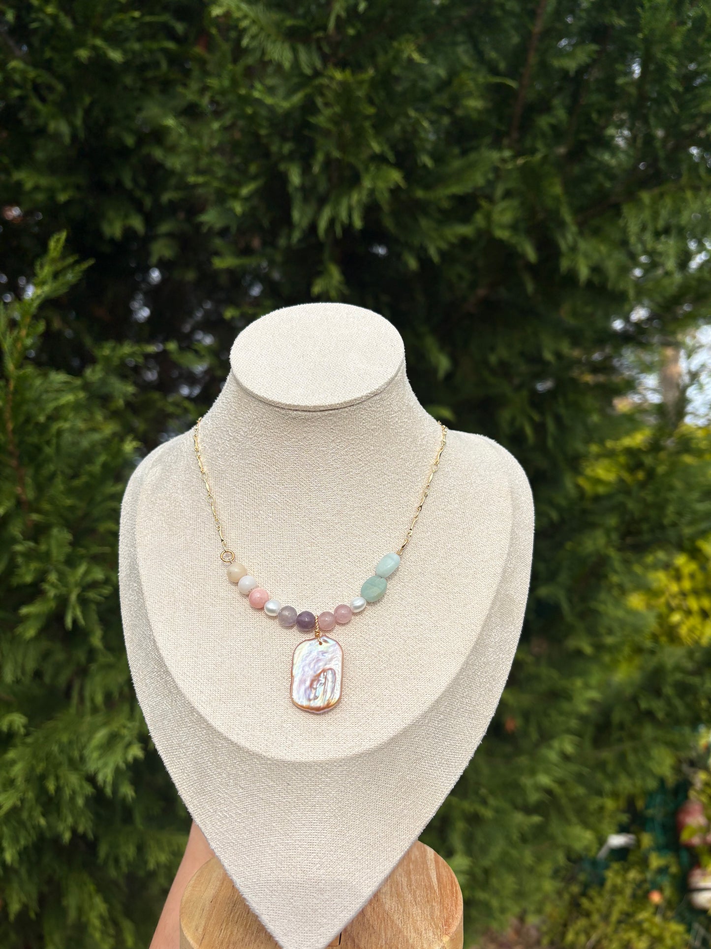 Rose Quartz, Lepidolite, Amazonite, Peruvian Pink Opal, and Natural Pink / Purple Baroque Pearl necklace