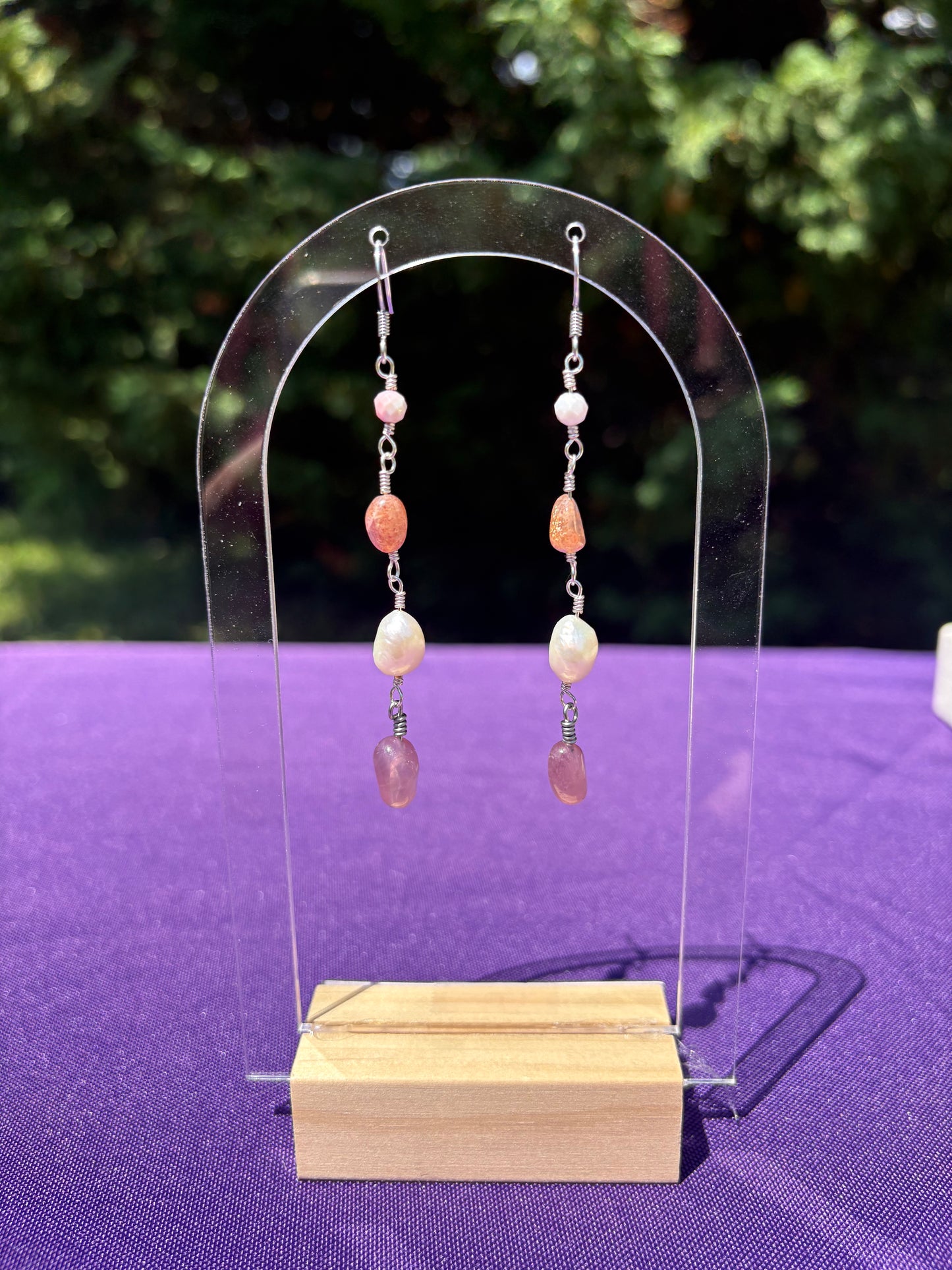 Queen Conch Shell, Sunstone, Freshwater Pearl, and Rose Quartz Earrings