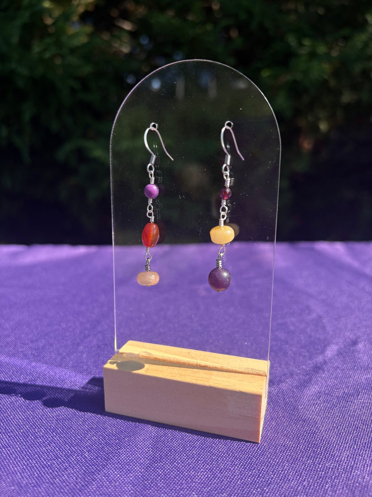 Phosphosiderite, Carnelian, Yellow Jade, Peach Aventurine, Lepidolite, and Garnet earrings