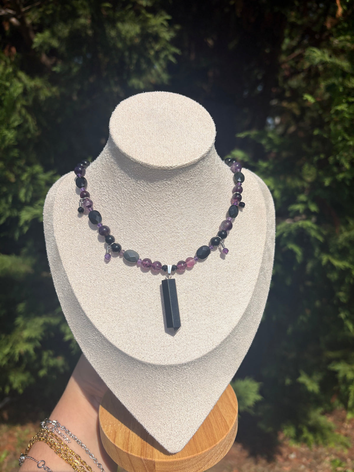 Rainbow Obsidian, Rainbow Fluorite, Amethyst, Black Spinel and Silver Sheen Obsidian necklace