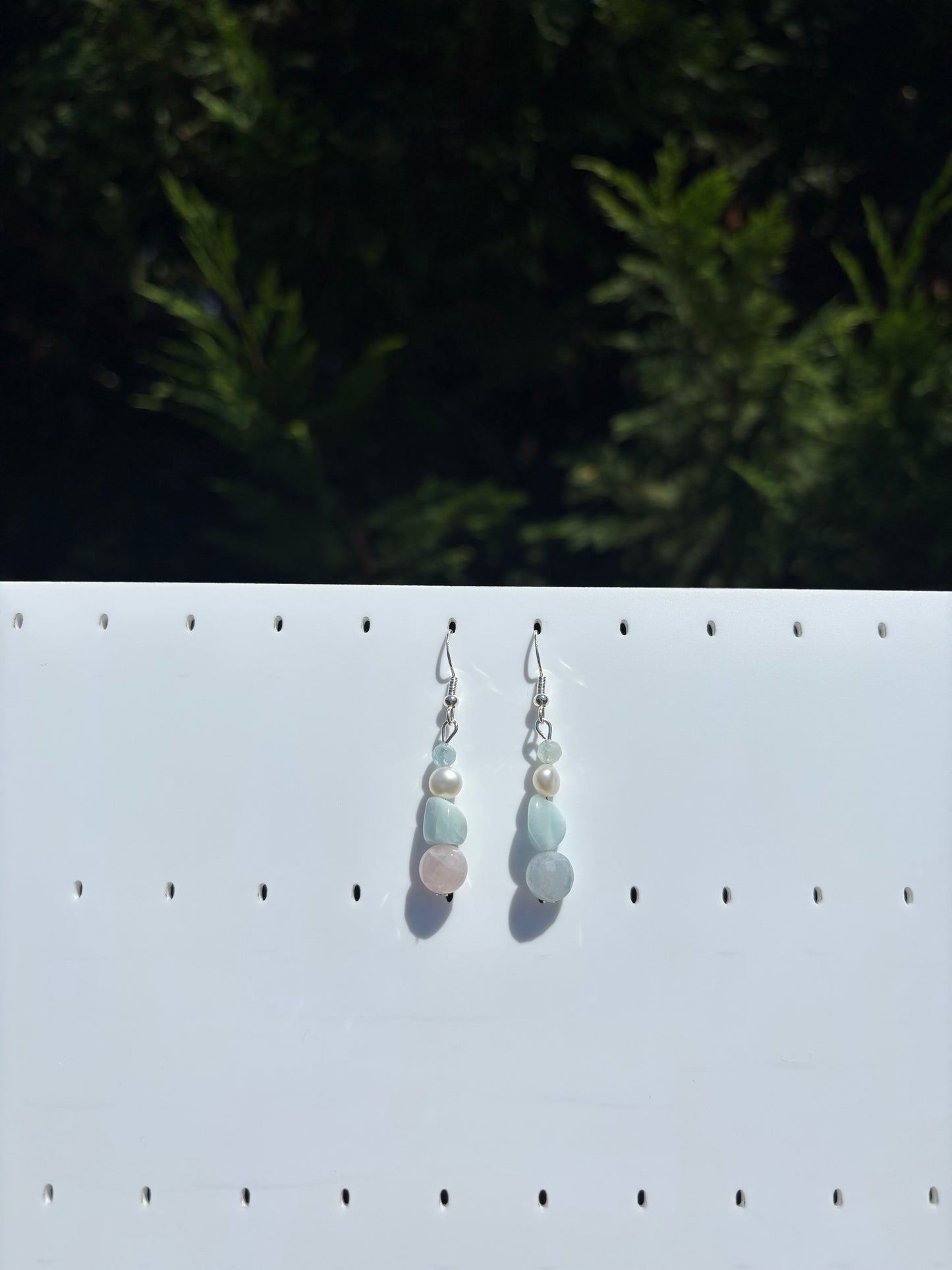 Rainbow Beryl, Freshwater Pearl, Larimar & Aquamarine earrings