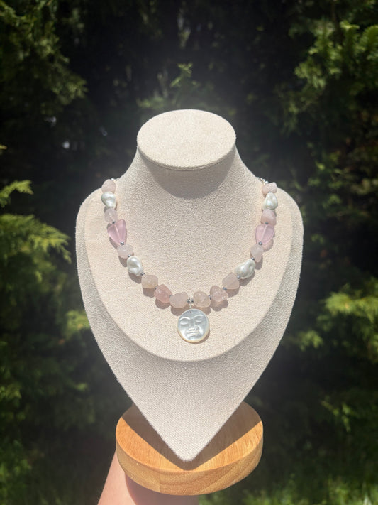 Silver Hematite, Rose Quartz, Blossom Sea Glass, Baroque Pearl necklace