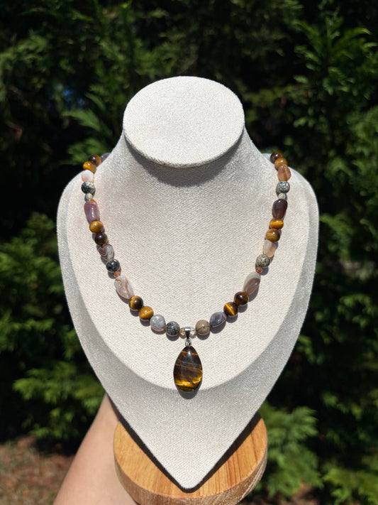 Tiger’s Eye, Dendritic Opal, Golden Rutiled Quartz, Botswana Agate necklace