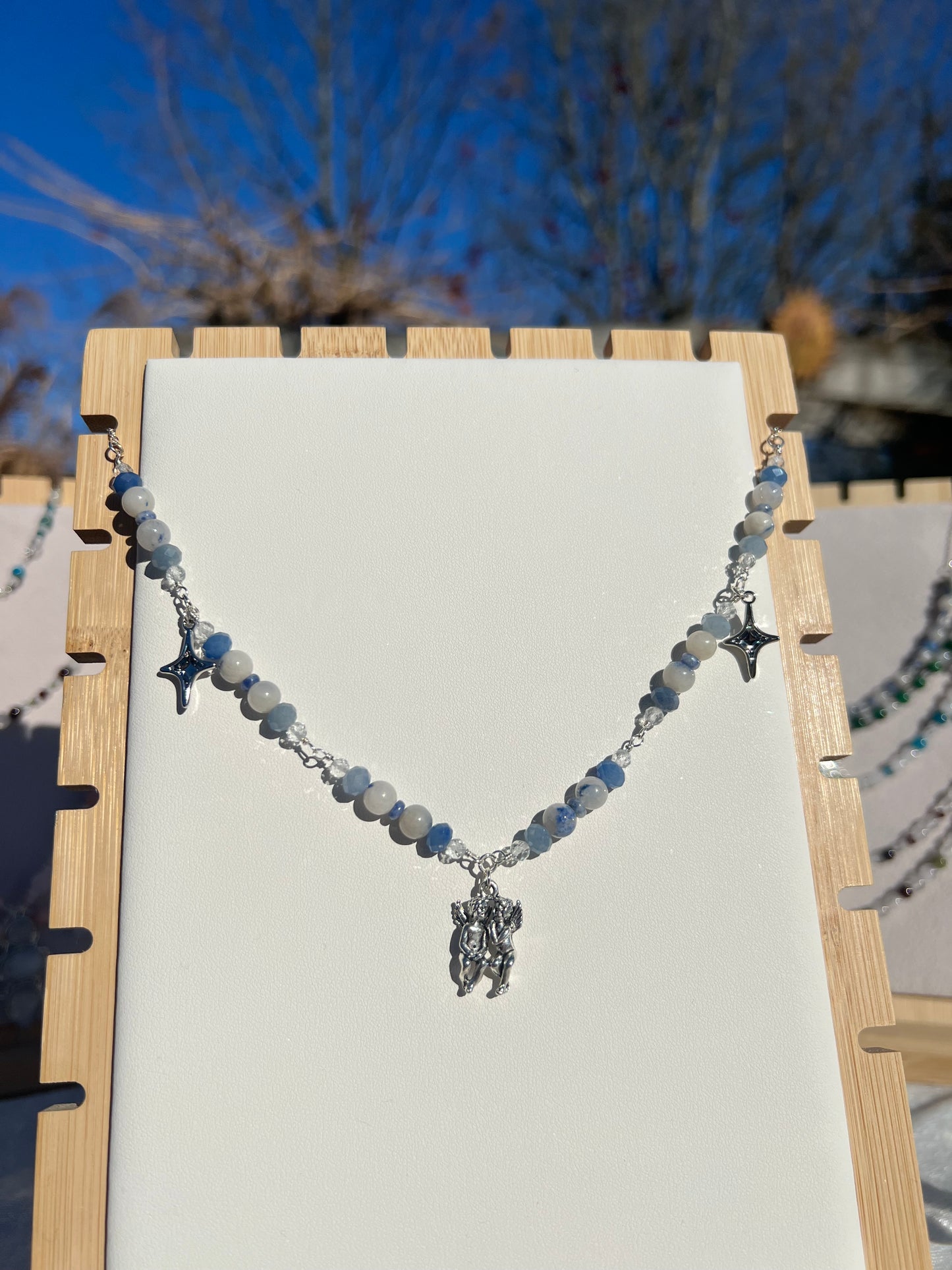 Blue Aventurine & Dumortierite in Quartz & Topaz & Snowflake Sodalite festive necklace