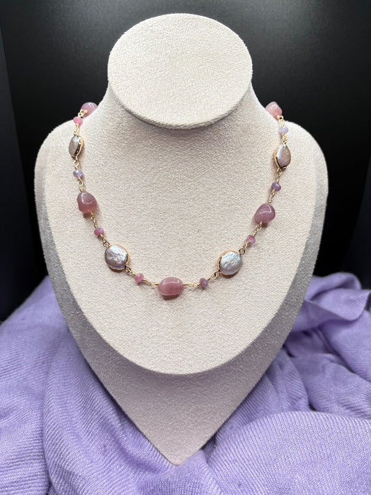 Pink Biwa Pearl, Rose Quartz, and Pink Tourmaline necklace