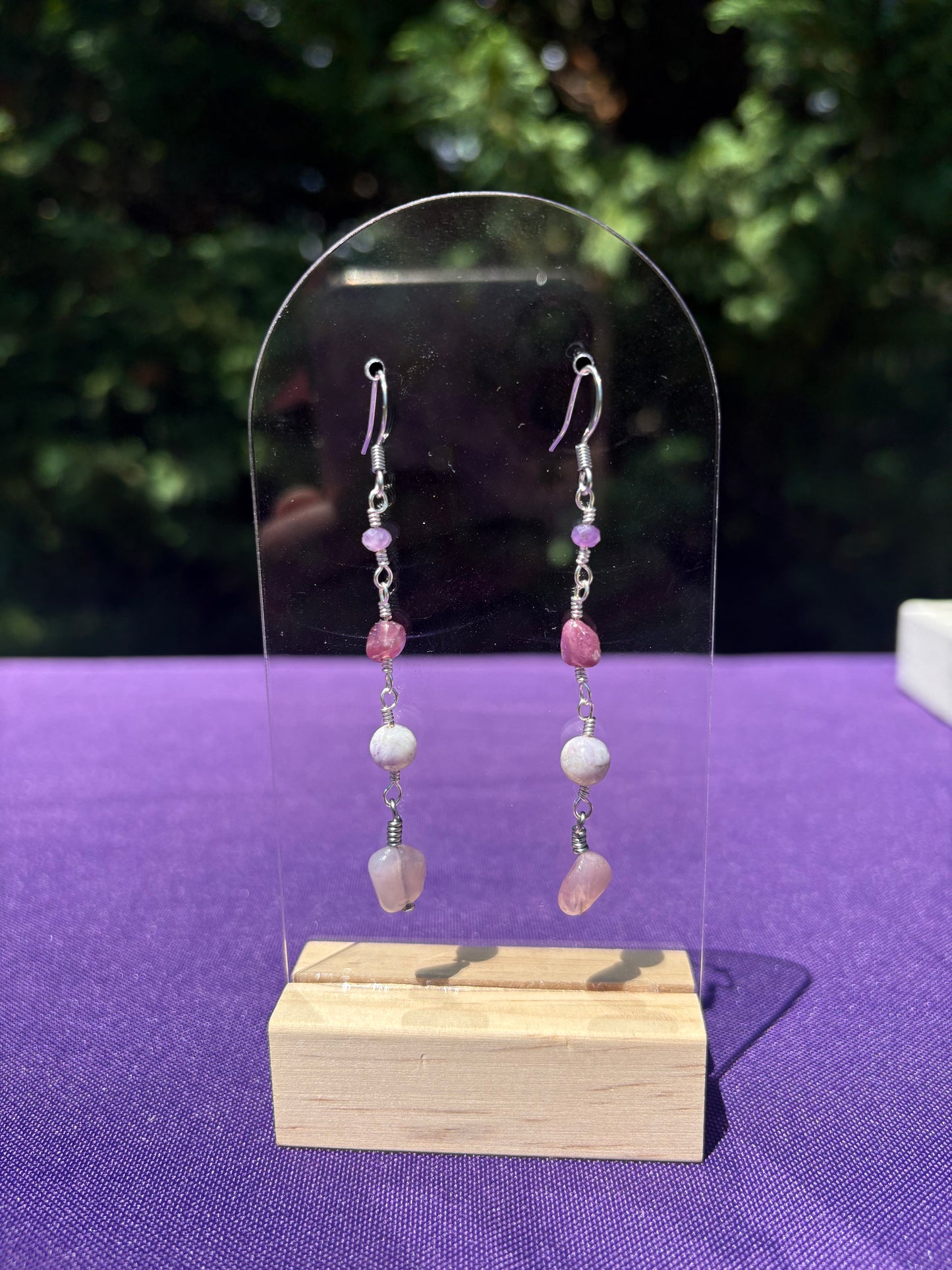 Pink Tourmaline, Purple Tiffany Stone, Lepidolite, and Rose Quartz earrings