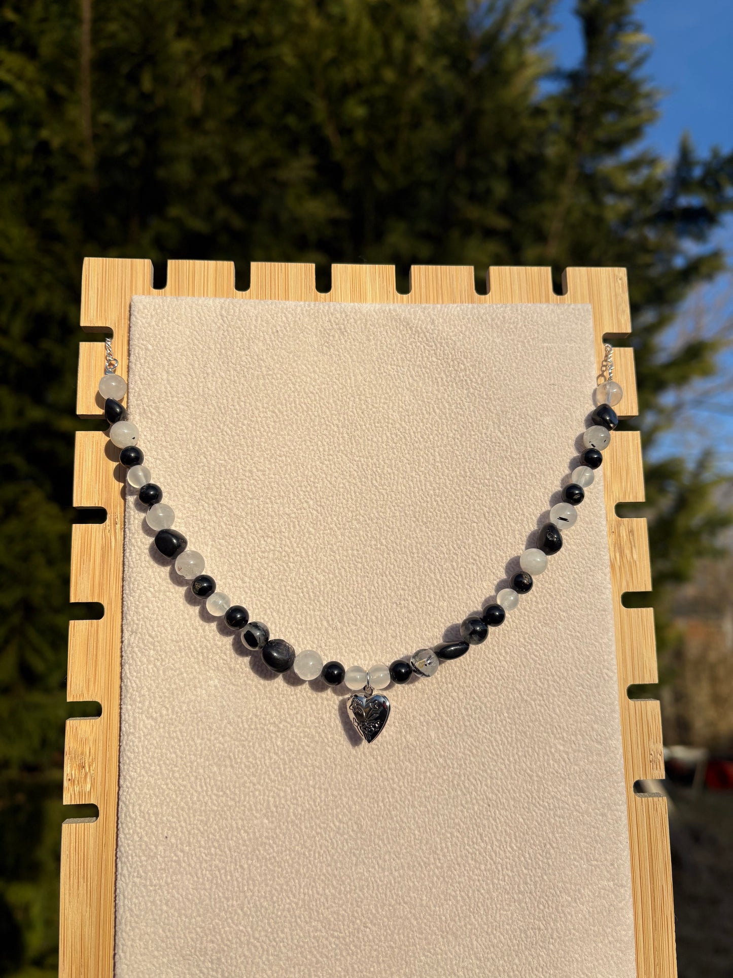 Hypersthene, Tourmalated Quartz, Selenite, & Black Tourmaline Cupid’s necklace