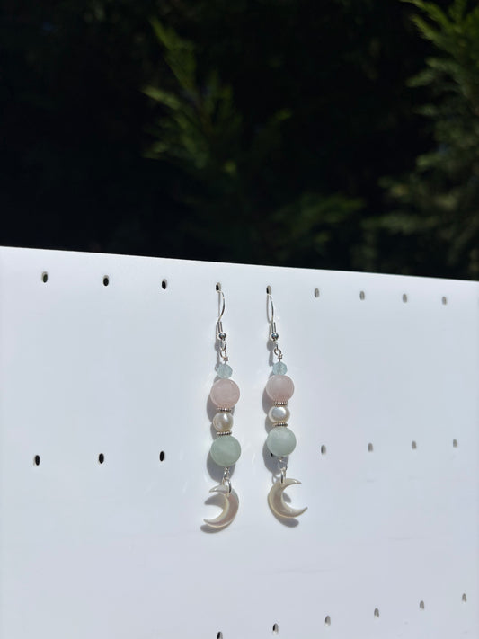 Rainbow Beryl & Freshwater Pearl & Mother Of Pearl Moon earrings
