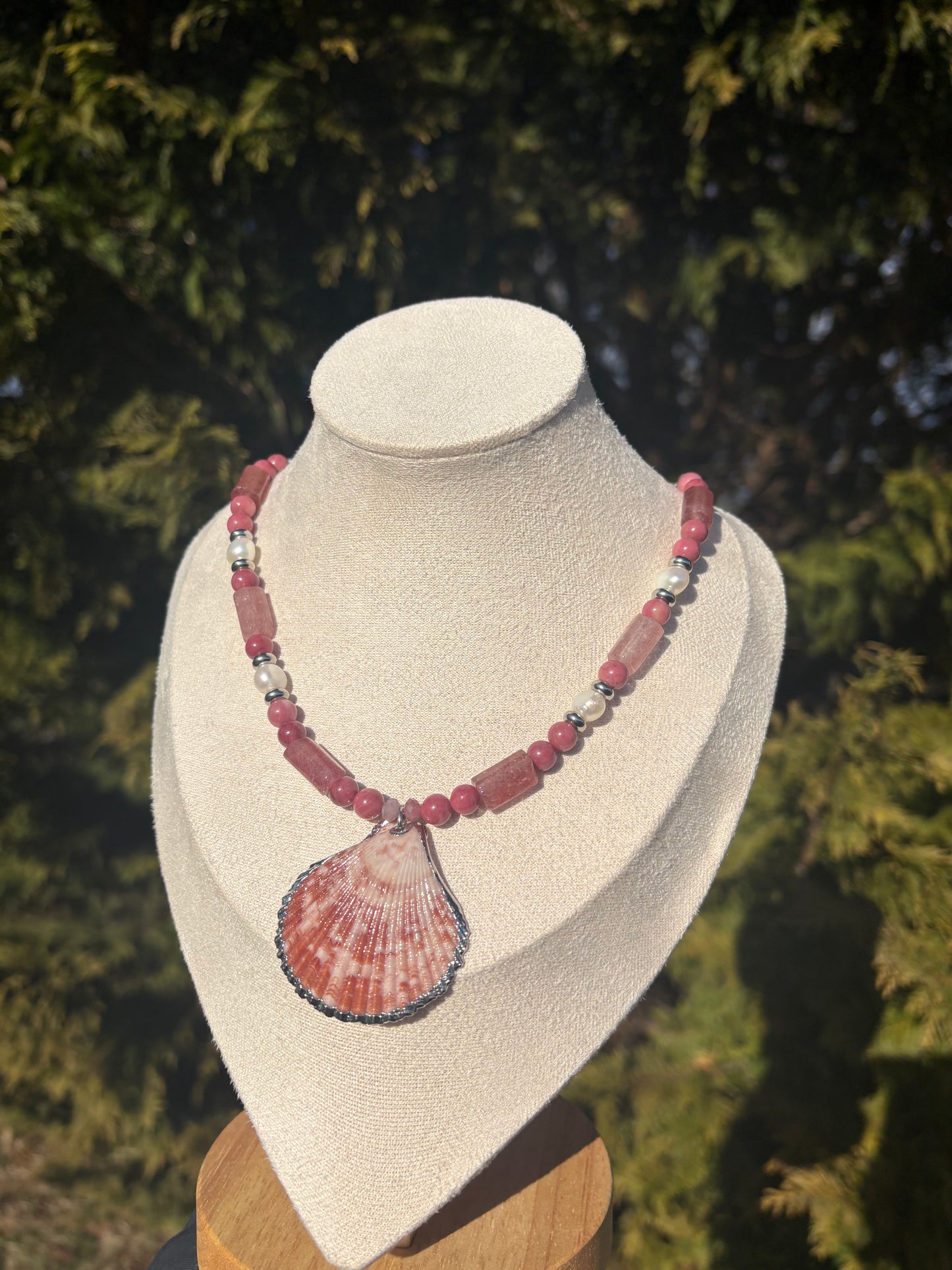 Pink Pectin Shell, Rhodonite, Strawberry Quartz, Freshwater Pearl, Pink Tourmaline Necklace