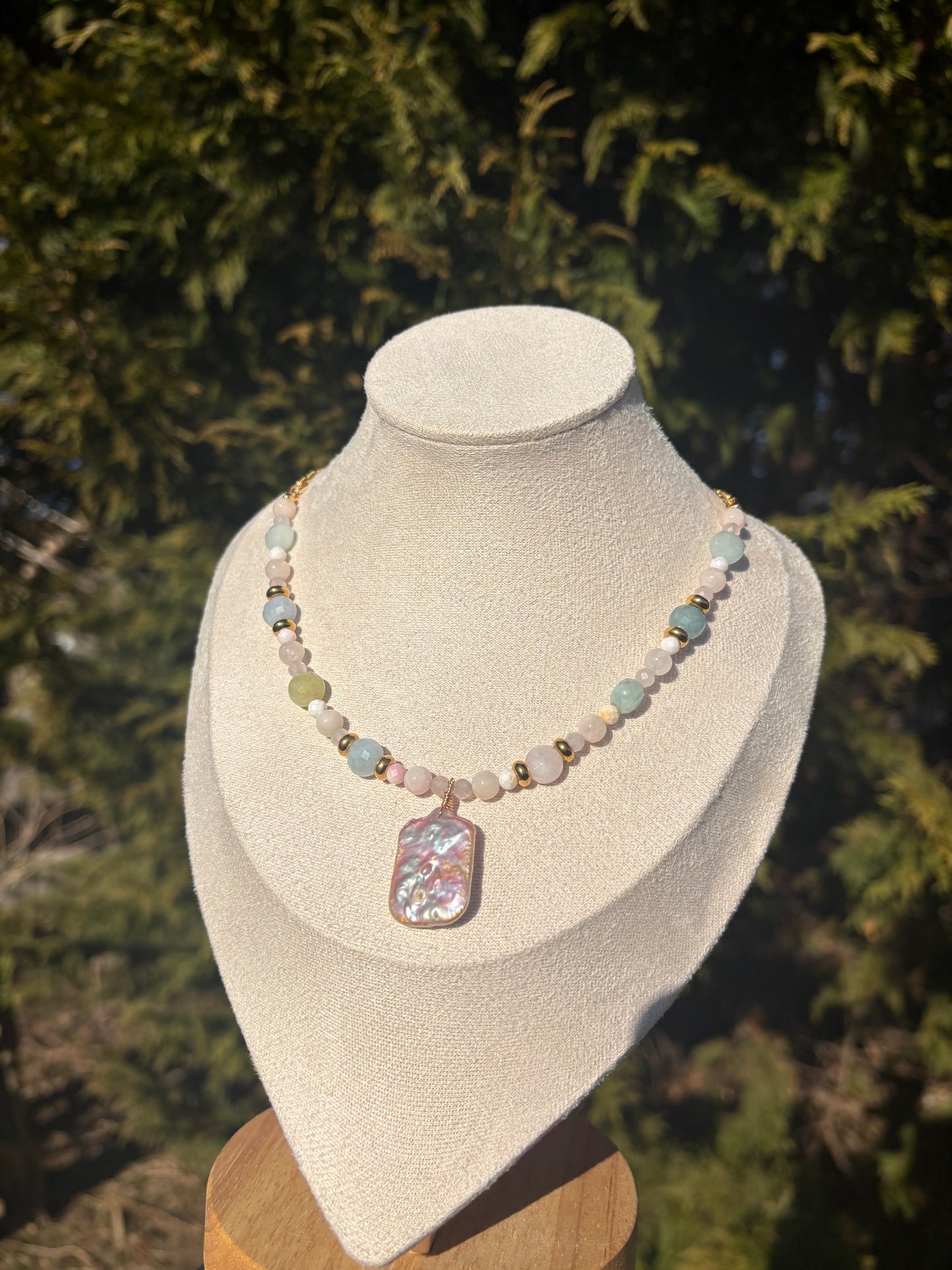 Rose Quartz, Queen Conch Shell, Morganite, Rainbow Beryl, Pink Baroque Freshwater Pearl necklace