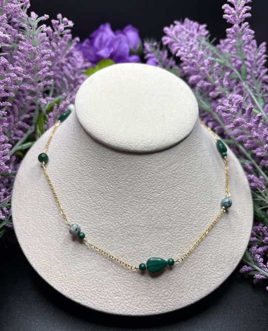 Malachite, Moss Agate, and Muscovite asymmetrical necklace