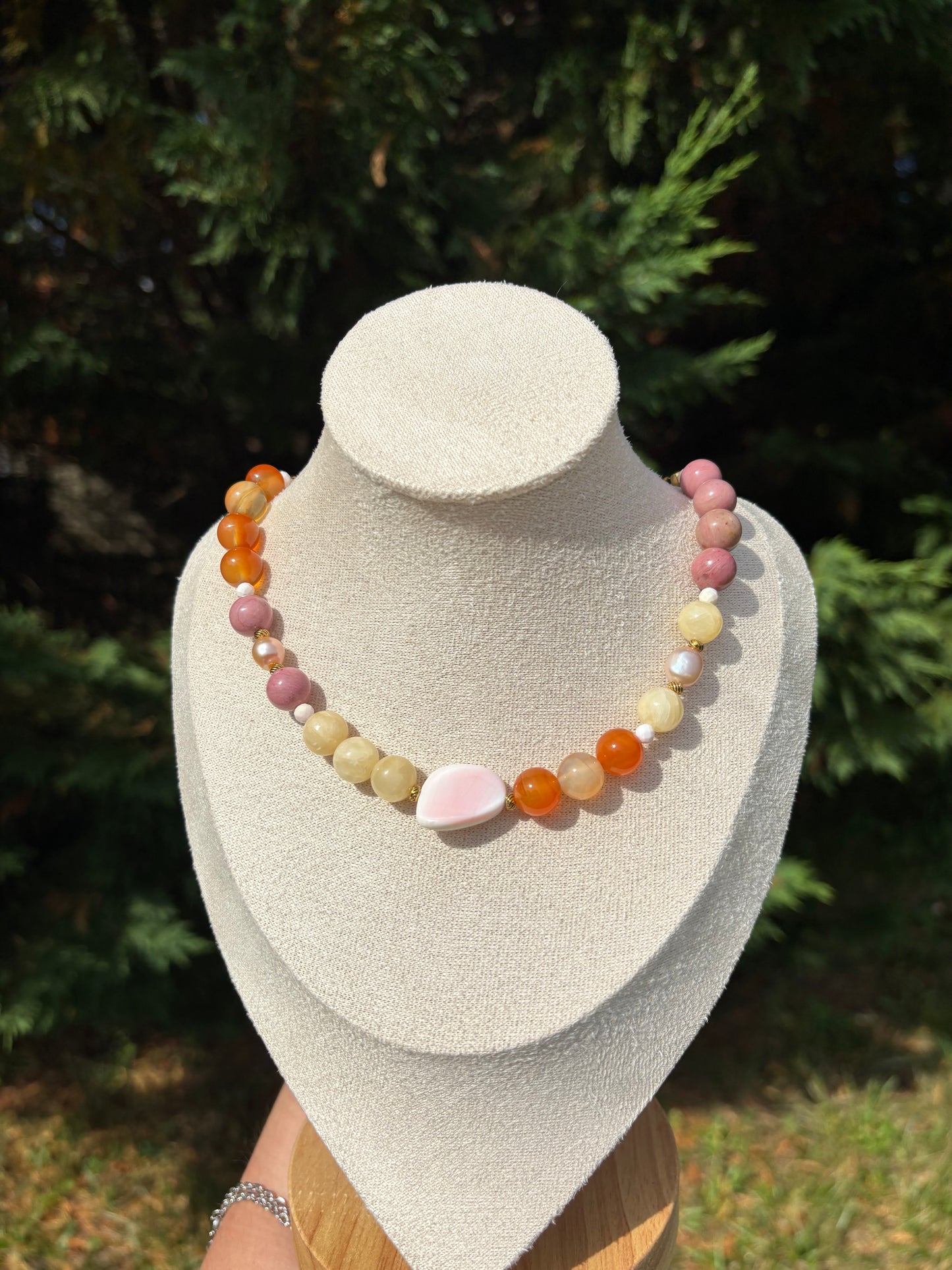 Queen Conch Shell, Carnelian, Rhodonite, Yellow Calcite and Pink Freshwater Pearl necklace