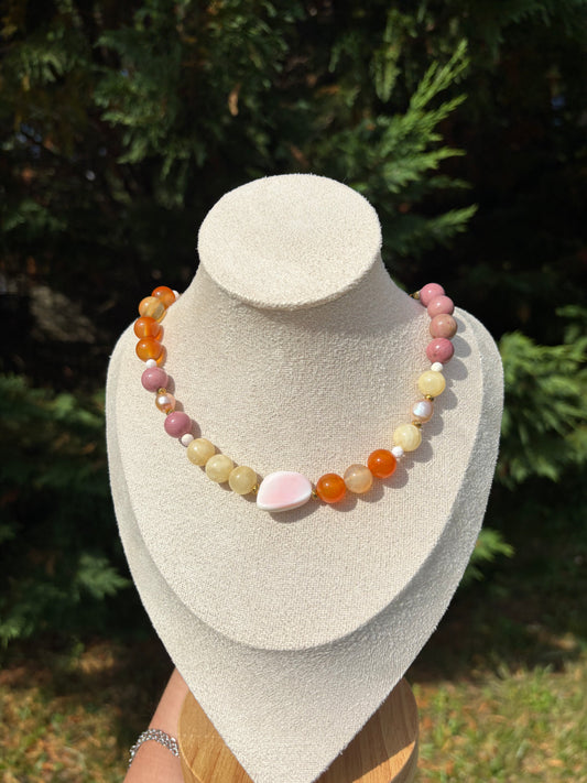 Queen Conch Shell, Carnelian, Rhodonite, Yellow Calcite and Pink Freshwater Pearl necklace