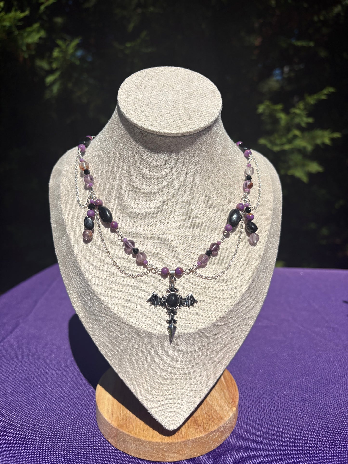 Phosphosiderite, Amethyst Cacoxenite, Hypersthene Bat Spooky Necklace