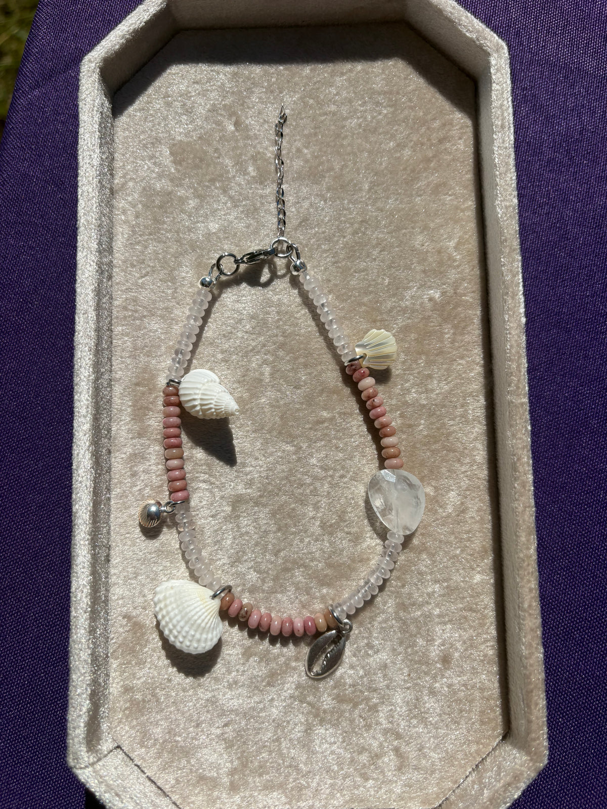 Rhodonite, Rose Quartz, Clear Quartz,  Mother of Pearl, Arca Shell, and Nassa Shell bracelet