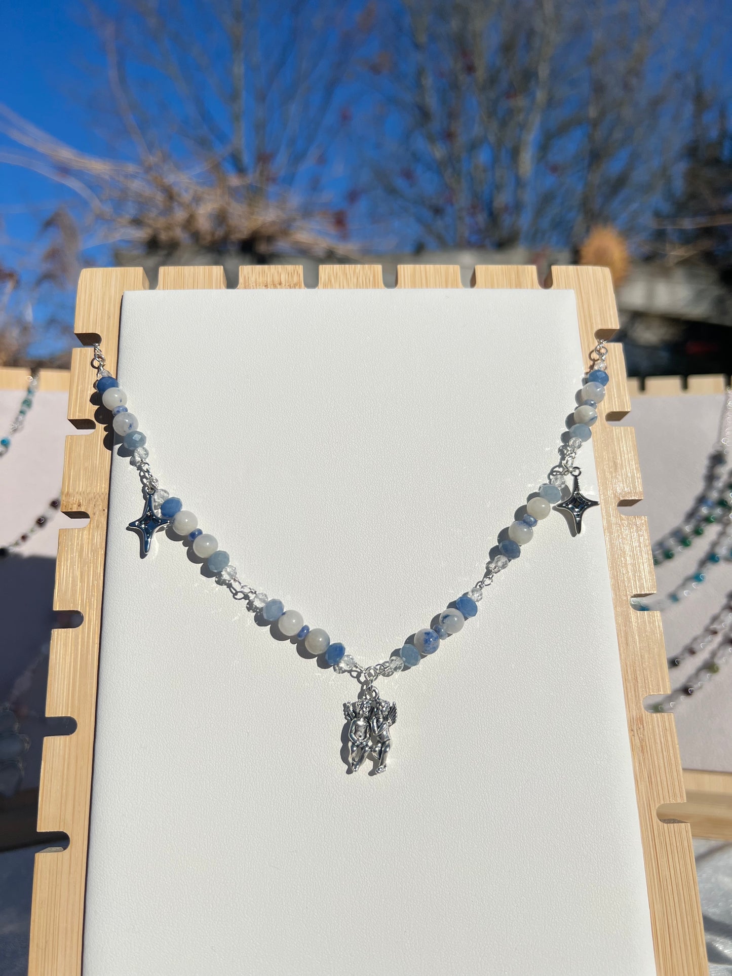 Blue Aventurine & Dumortierite in Quartz & Topaz & Snowflake Sodalite festive necklace