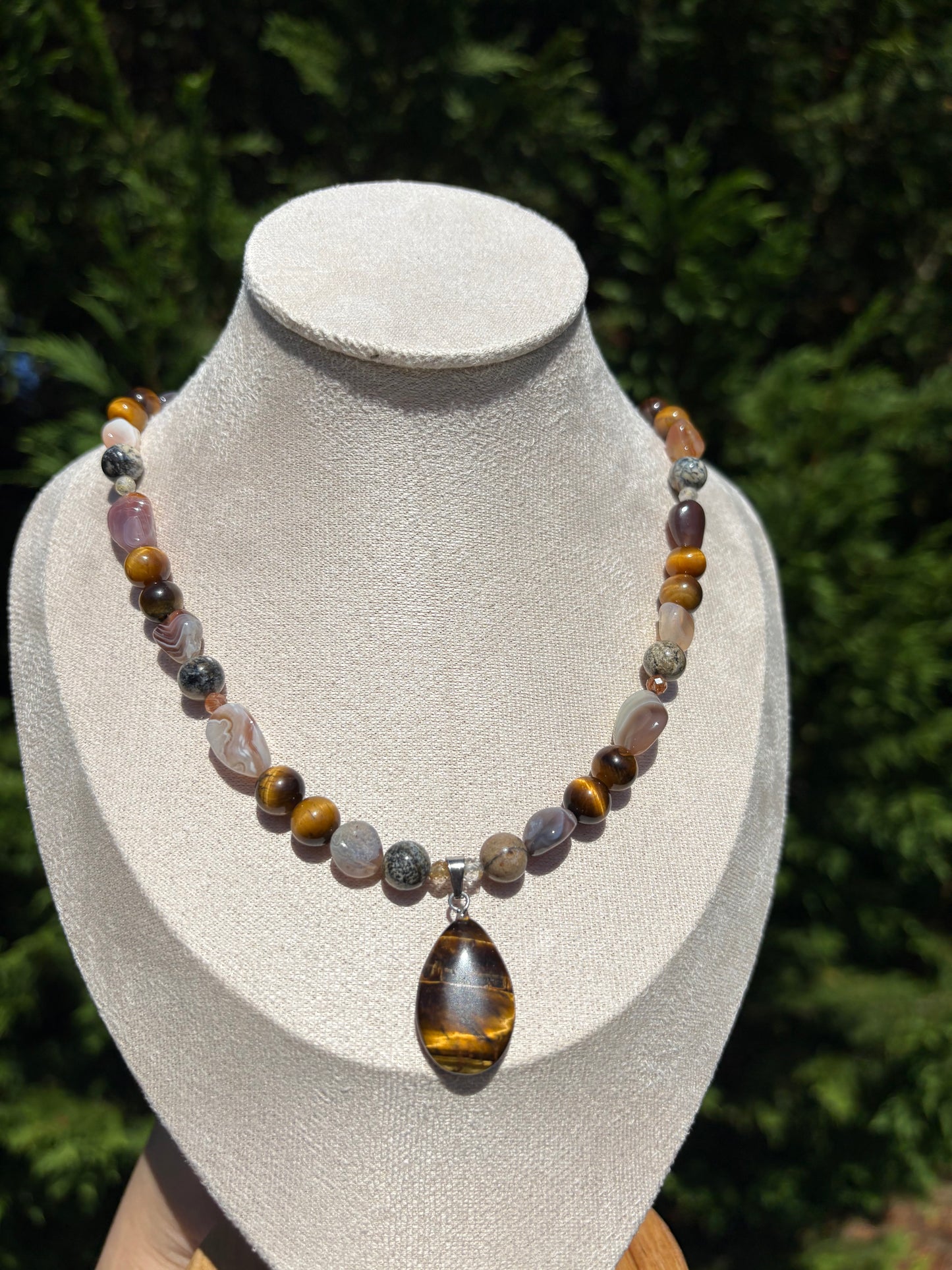 Tiger’s Eye, Dendritic Opal, Golden Rutiled Quartz, Botswana Agate necklace