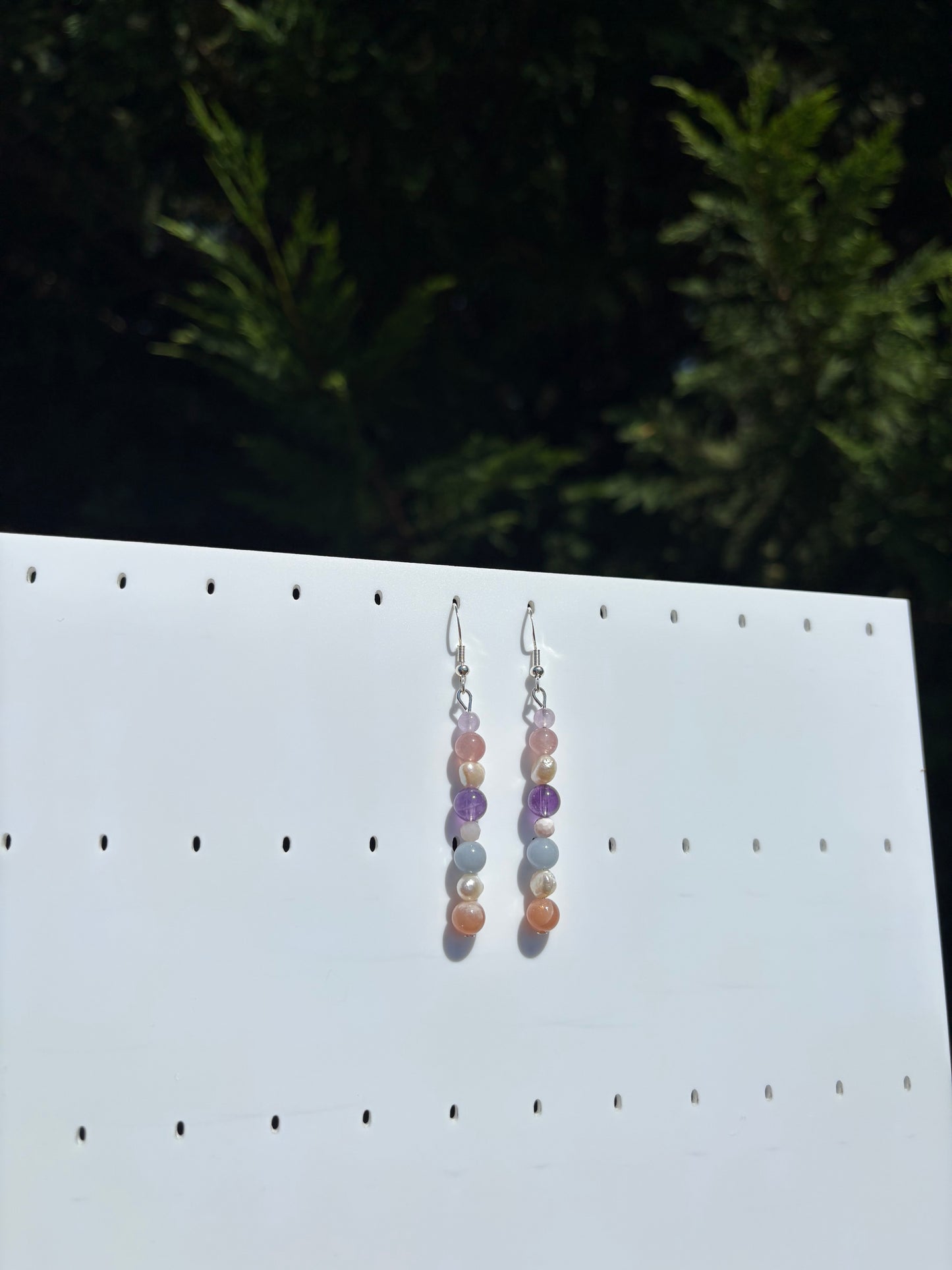 Rose Quartz, Peach Moonstone, Amethyst, Angelite & Freshwater Pearl earrings