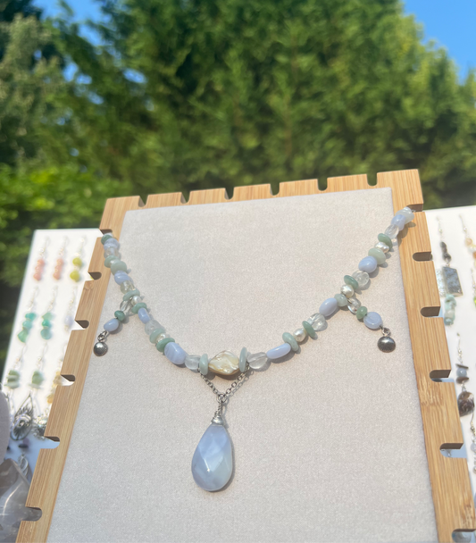 Blue Lace Agate & Burmese Jade & Topaz & Freshwater Pearl & Mother of Pearl mermaid necklace