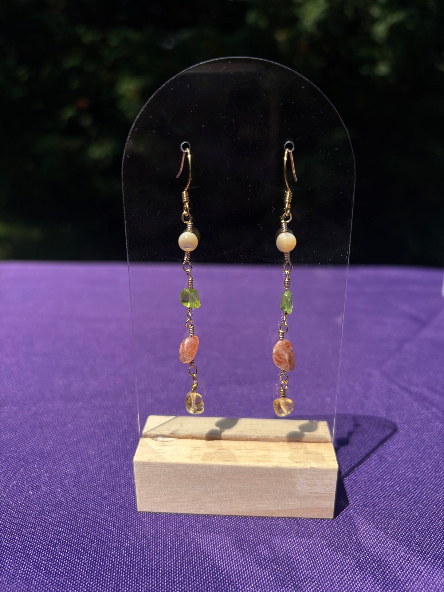 Mother of Pearl, Peridot, Sunstone, and Citrine Earrings