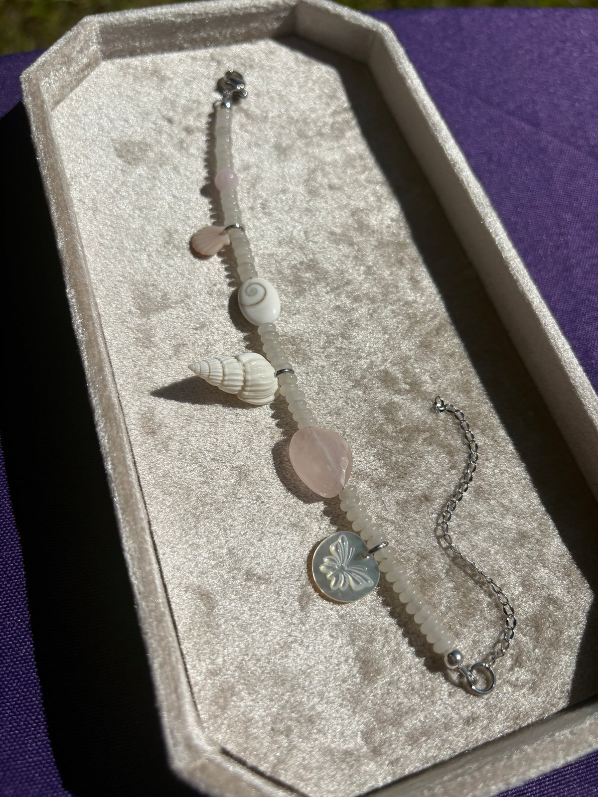 White Jade, Rose Quartz, Morganite, Shiva Shell, Mother of Pearl, Pink Lip Shell, and White Nassa Shell bracelet